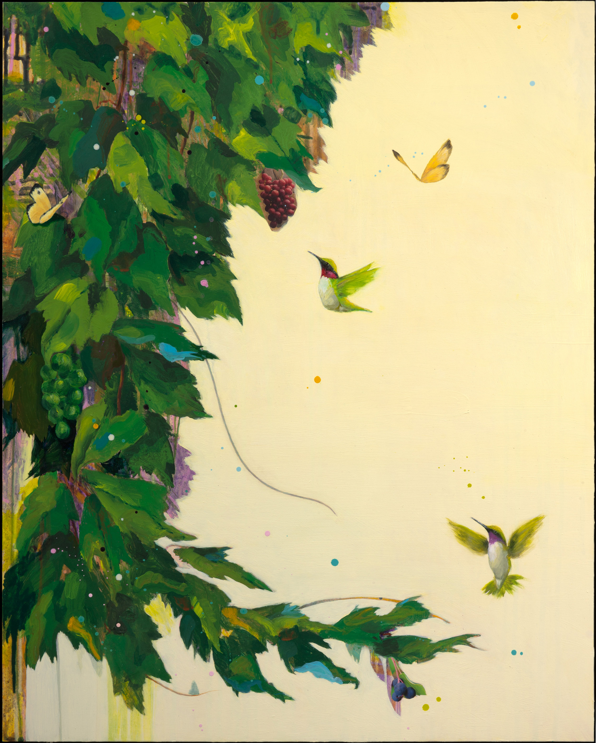    Anne Sargent Walker ,  Flirtation/Migration 3(Grapes),   Oil, acrylic, collage on wood panel, 30"x24"  