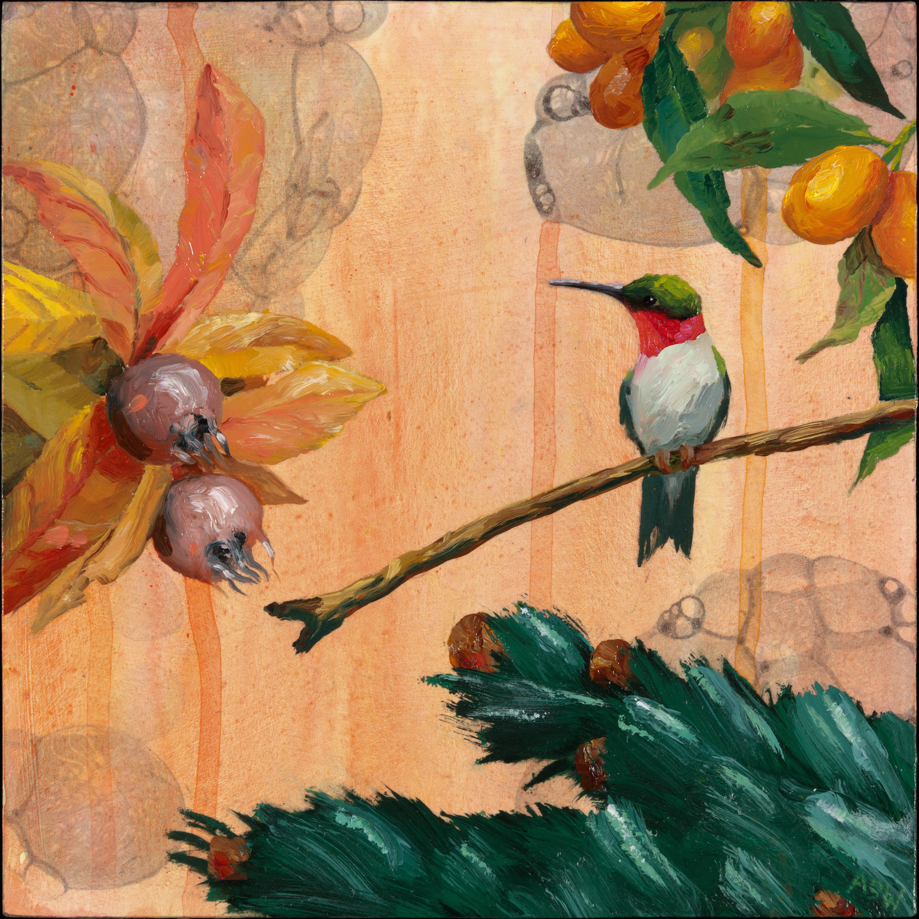    Anne Sargent Walker,   Hummingbird with Fruit,   Oil, acrylic on wood panel, 8" x 8"  
