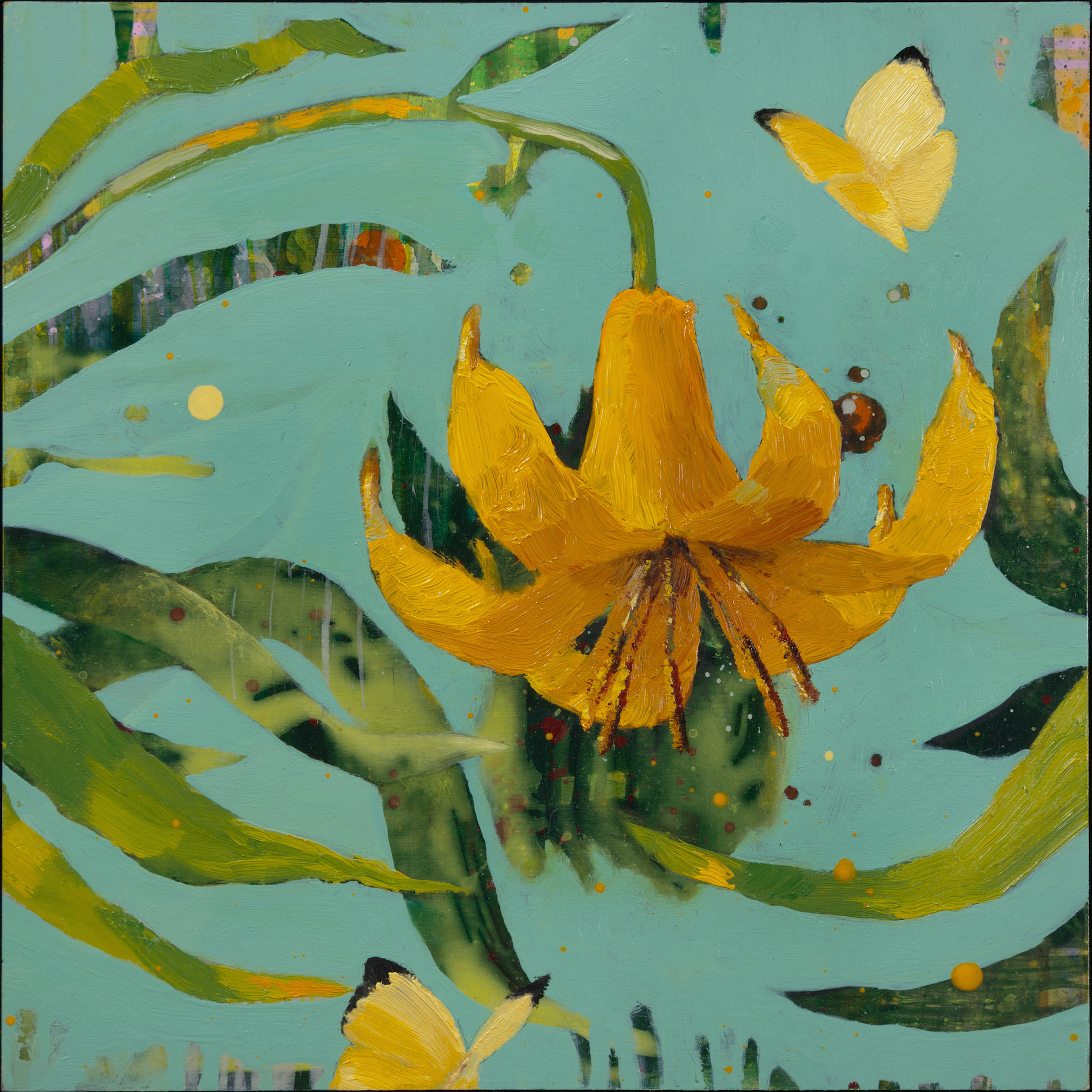    Anne Sargent Walker,   Yellow Butterflies and Lily,   Oil, acrylic on wood panel, 8" x 8"  