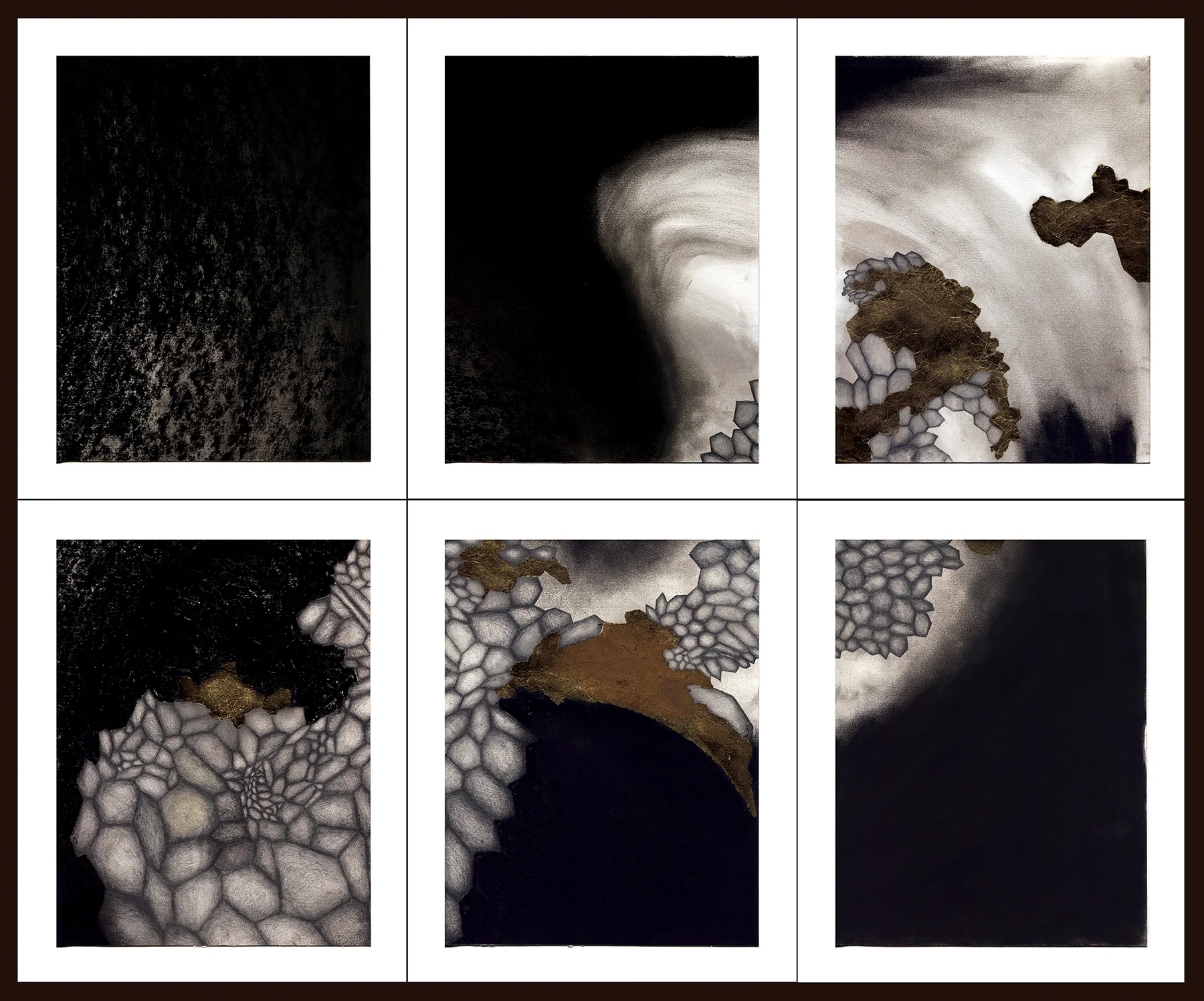Tatiana Flis, Hexaptych , charcoal, graphite and gold leaf on paper, 29x24