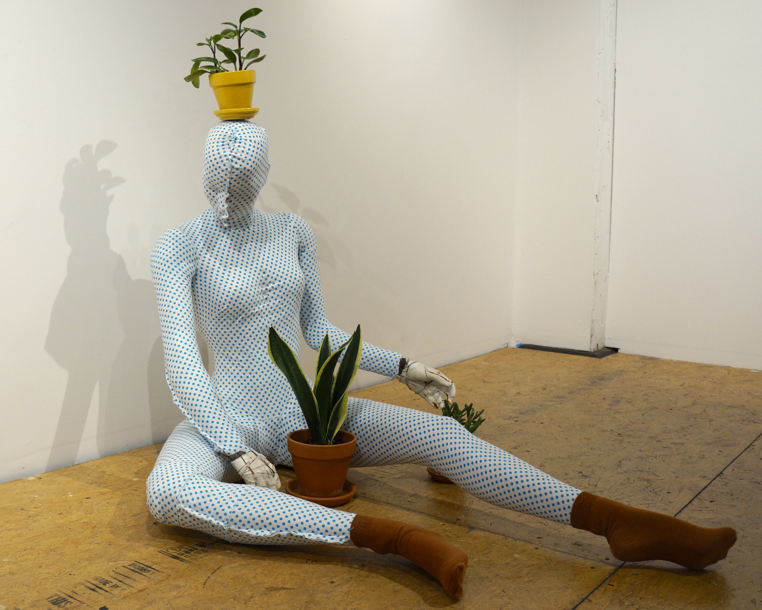   Practical Plant Lady , fabric, mannequin, cardboard, plaster, socks, plants, lifesize 