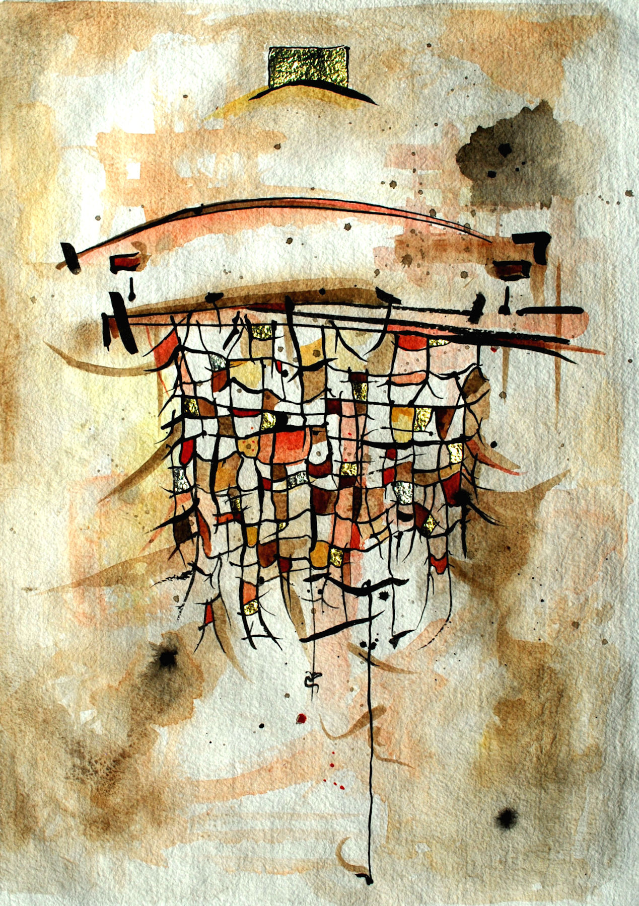   Catch Net: &nbsp; Watercolor, Ink &amp; gilding on paper , 22x30” 