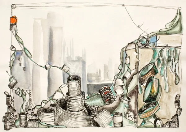 Sarah Alexander, Backstage, ink with watercolor.