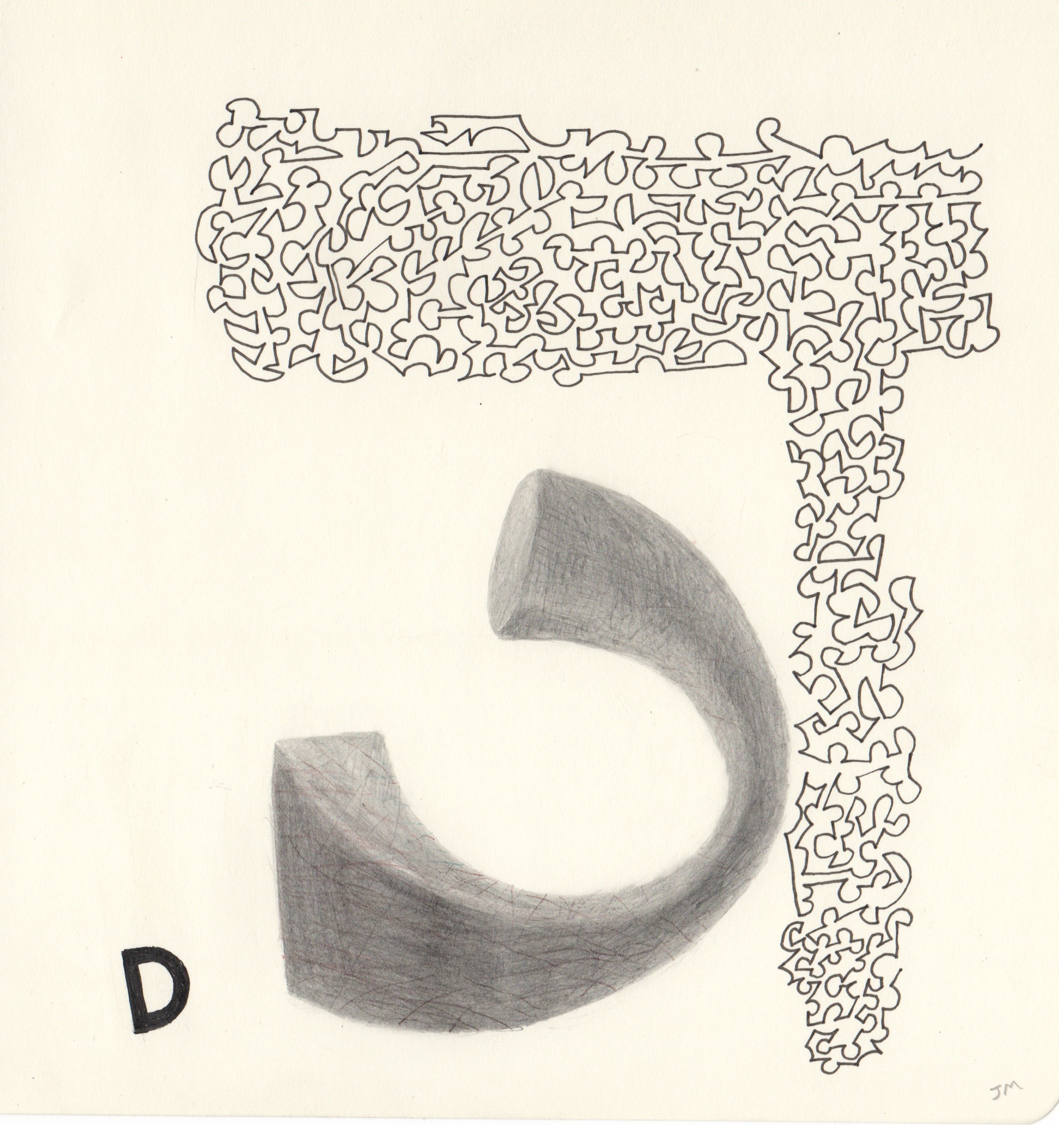  Joel Moskowitz,  Hebrew  Dalet  and Arabic  Daal , with D,  Ink and pencil on paper, 8x7 