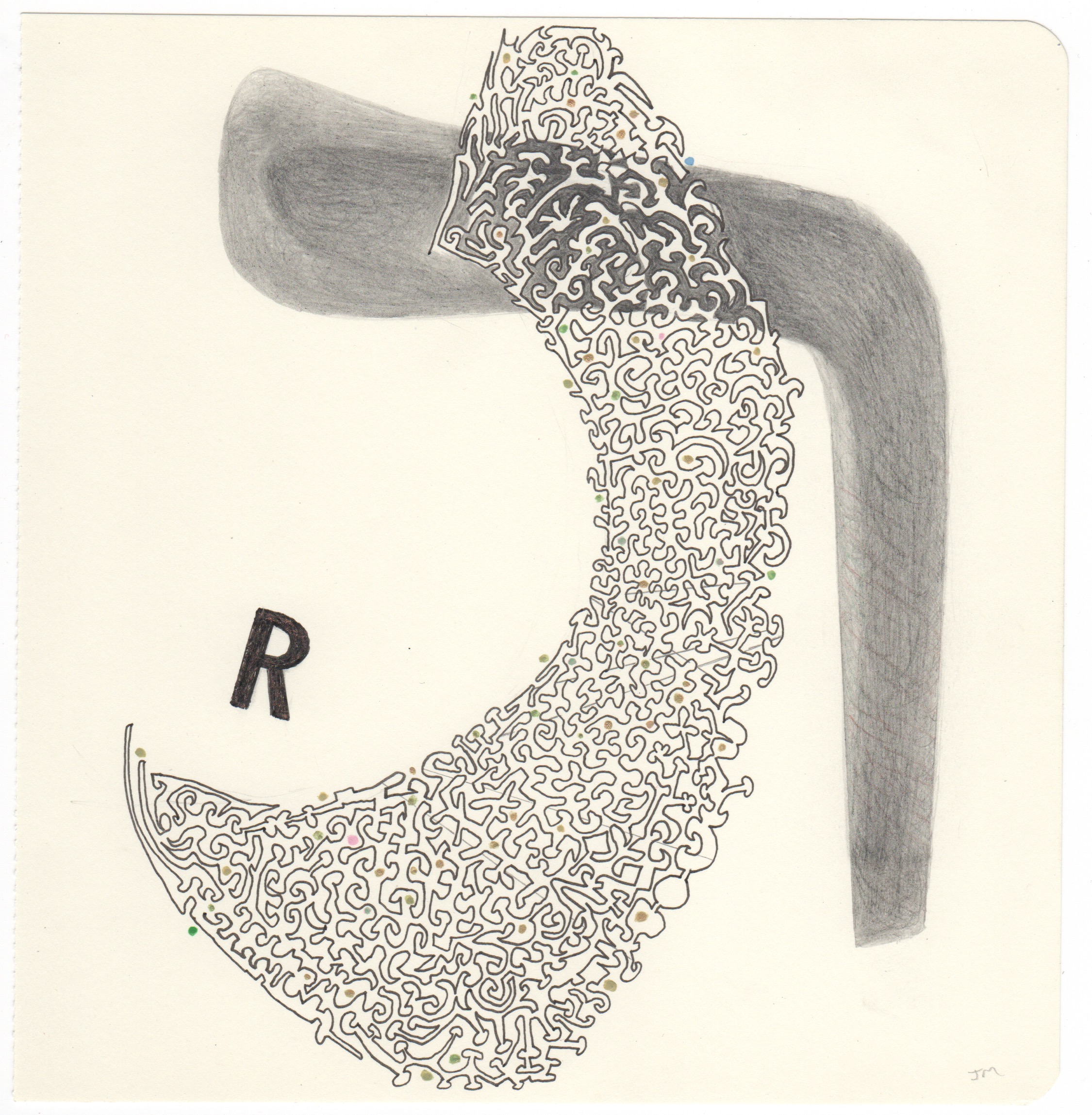  Joel Moskowitz,  Arabic  Raa  and Hebrew  Resh , with R,  Mixed media on paper, 8x7 