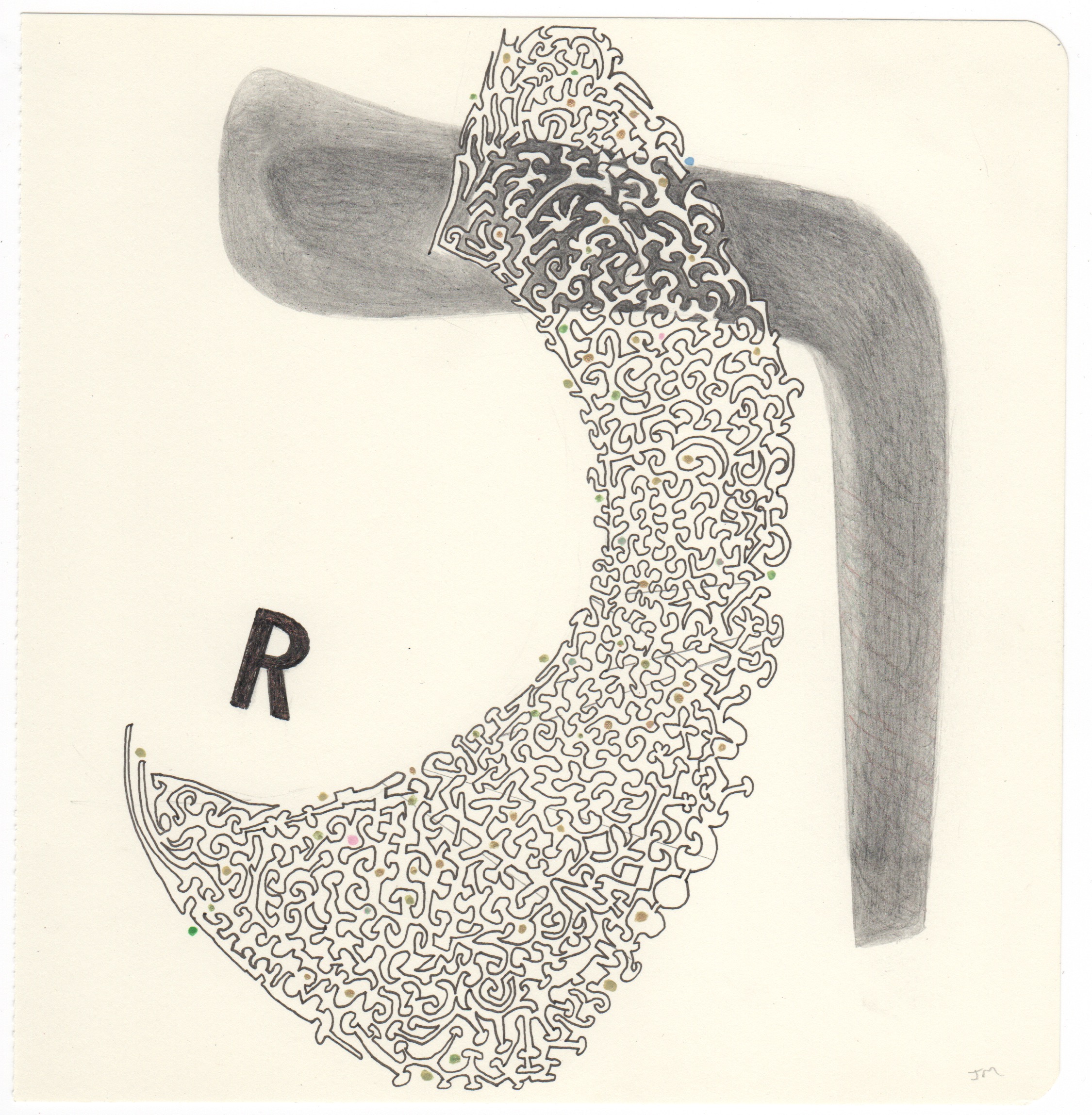 Joel Moskowitz, Arabic Raa and Hebrew Resh , with R, Mixed media on paper, 8x7