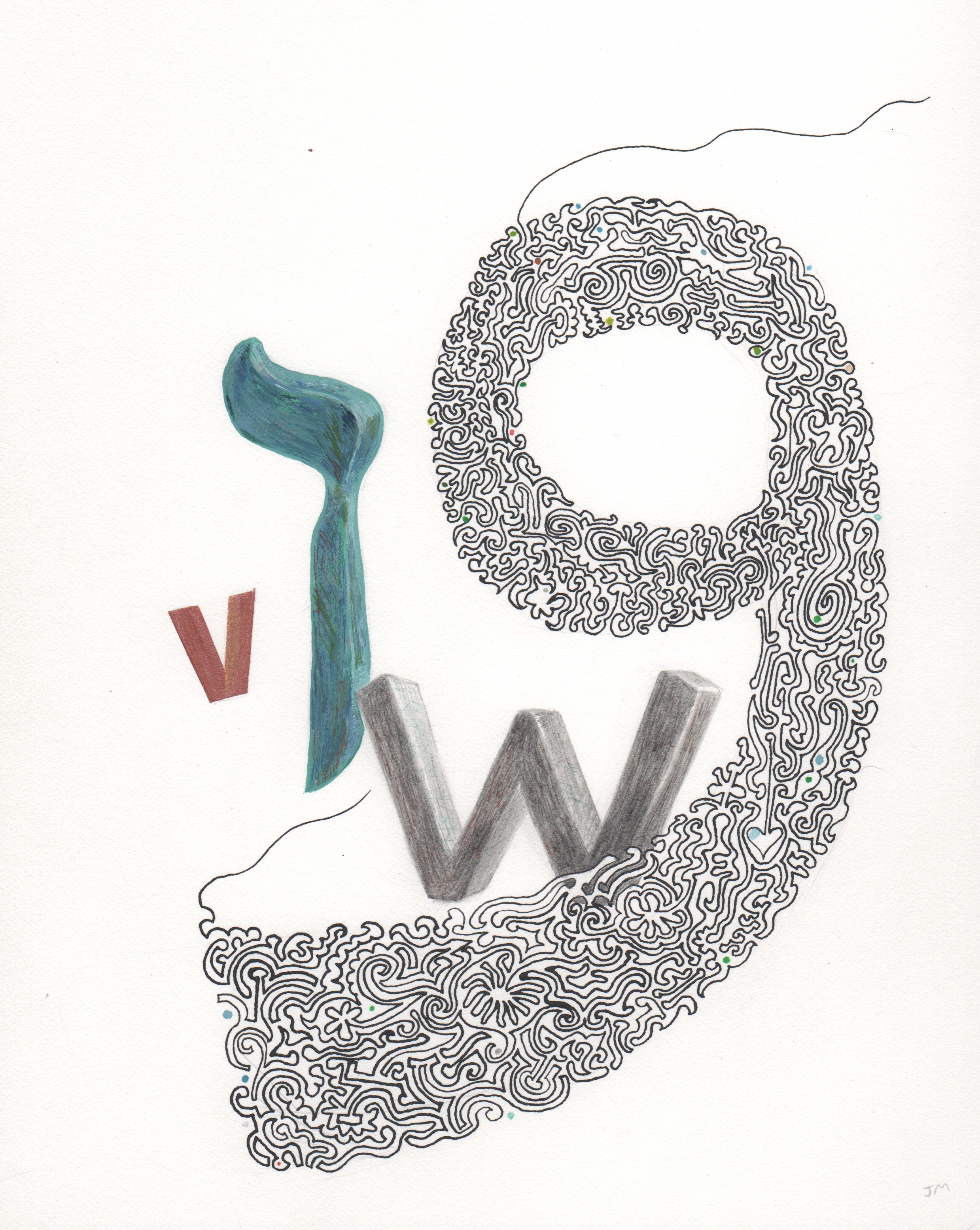  Joel Moskowitz,  Arabic  Waaw  and Hebrew  Vav , with V and W,  Mixed media on paper, 11x9 