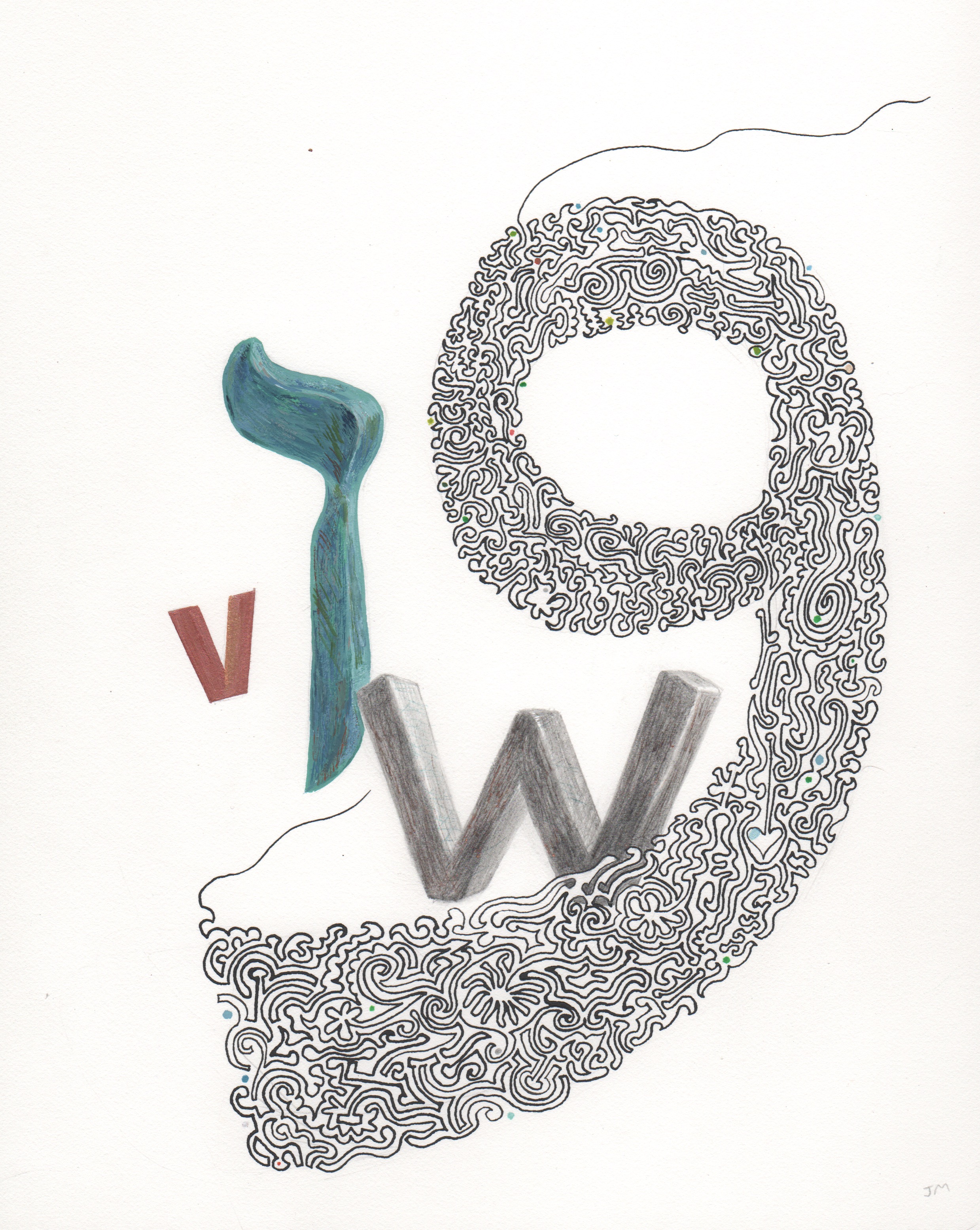 Joel Moskowitz, Arabic Waaw and Hebrew Vav , with V and W, Mixed media on paper, 11x9