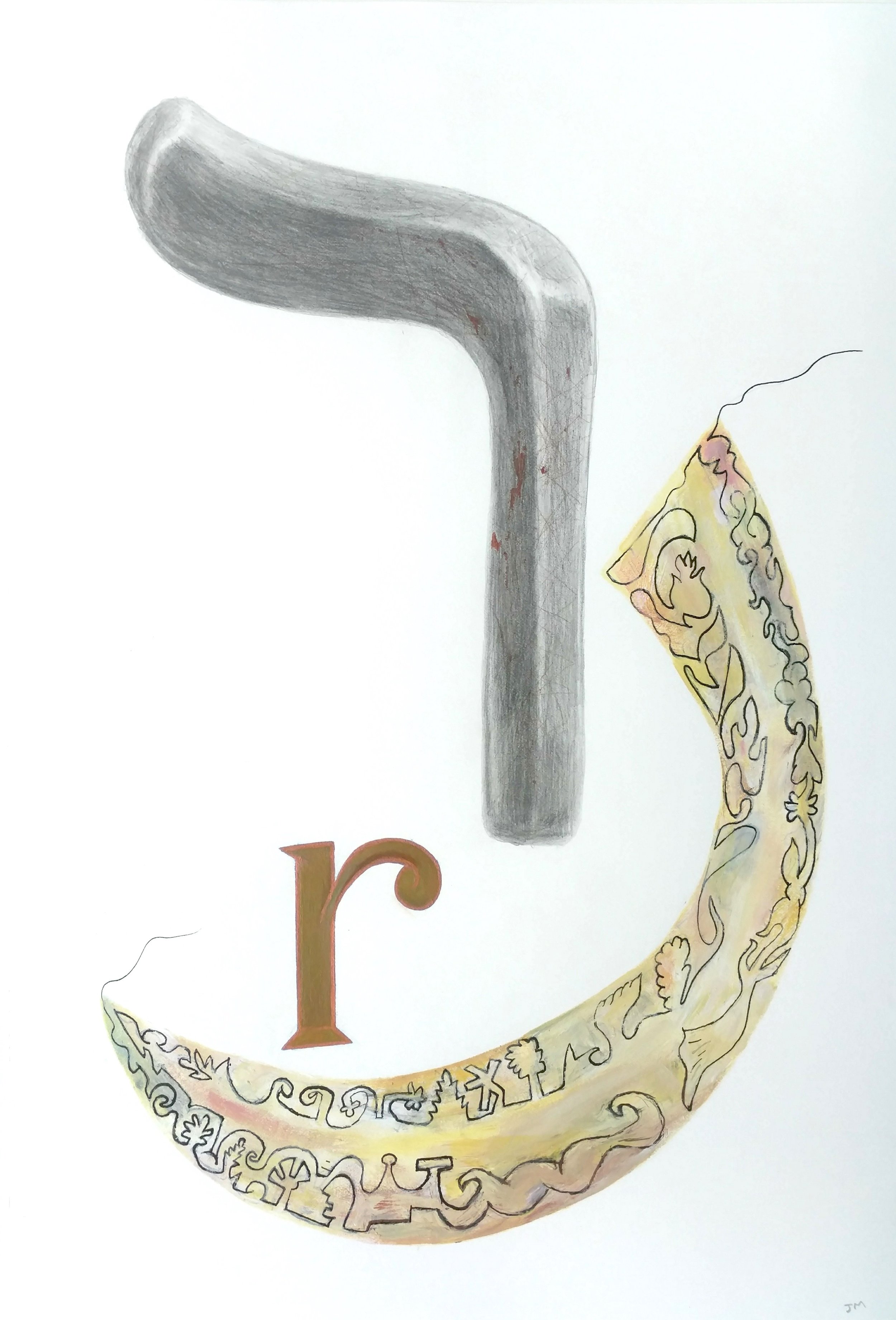  Joel Moskowitz,  Arabic  Raa and  Hebrew  Resh , with R,  Mixed media on paper, 22x15 