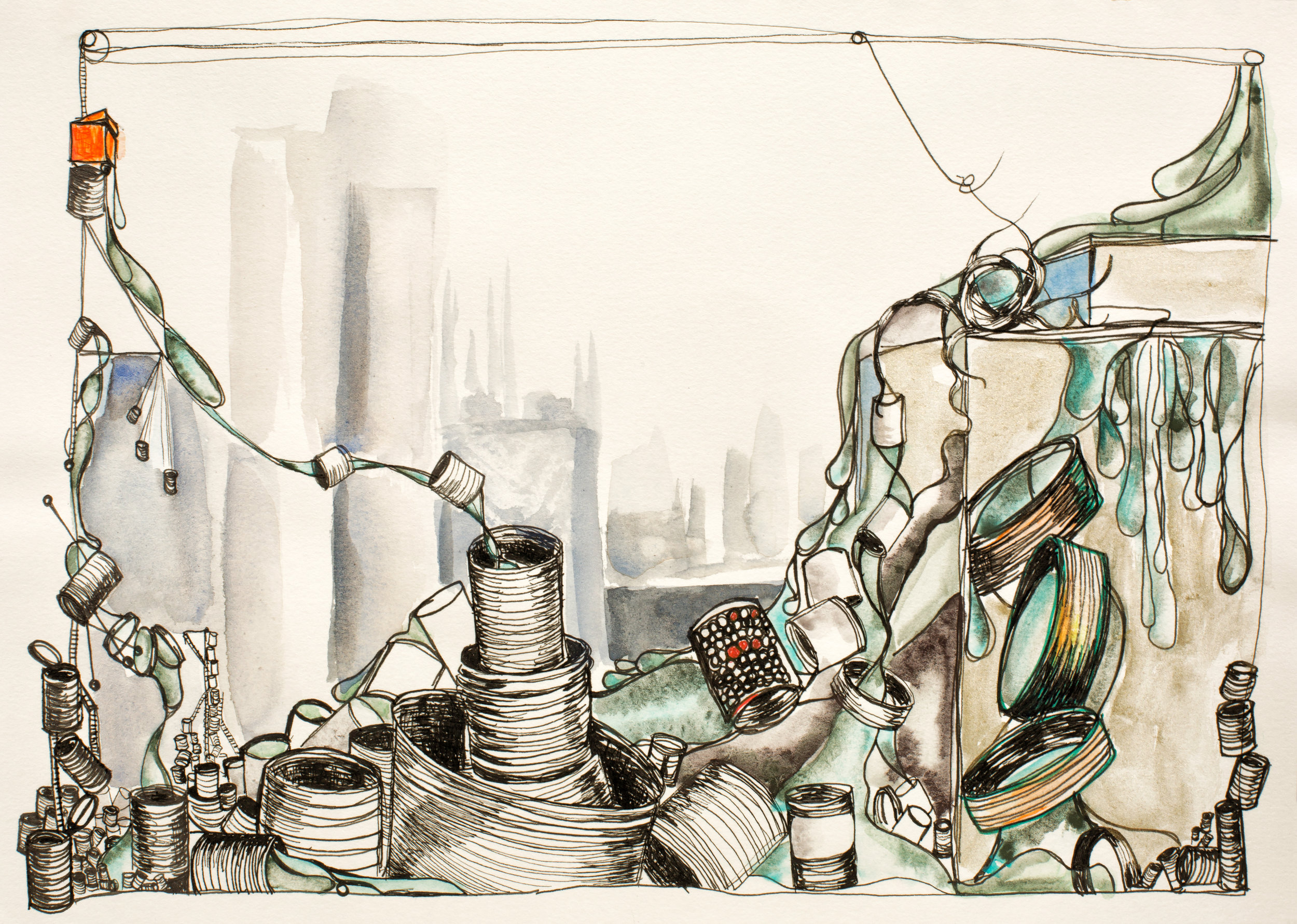 Backstage , ink and watercolor on paper, 9" x 12"