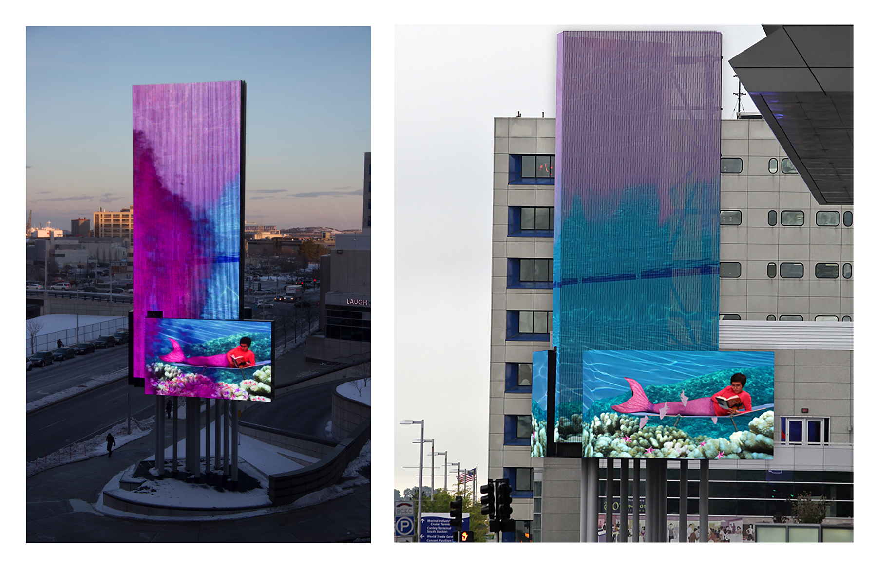 One Girl’s Fantasy , seven screen video public art video installation, 80' x 24'