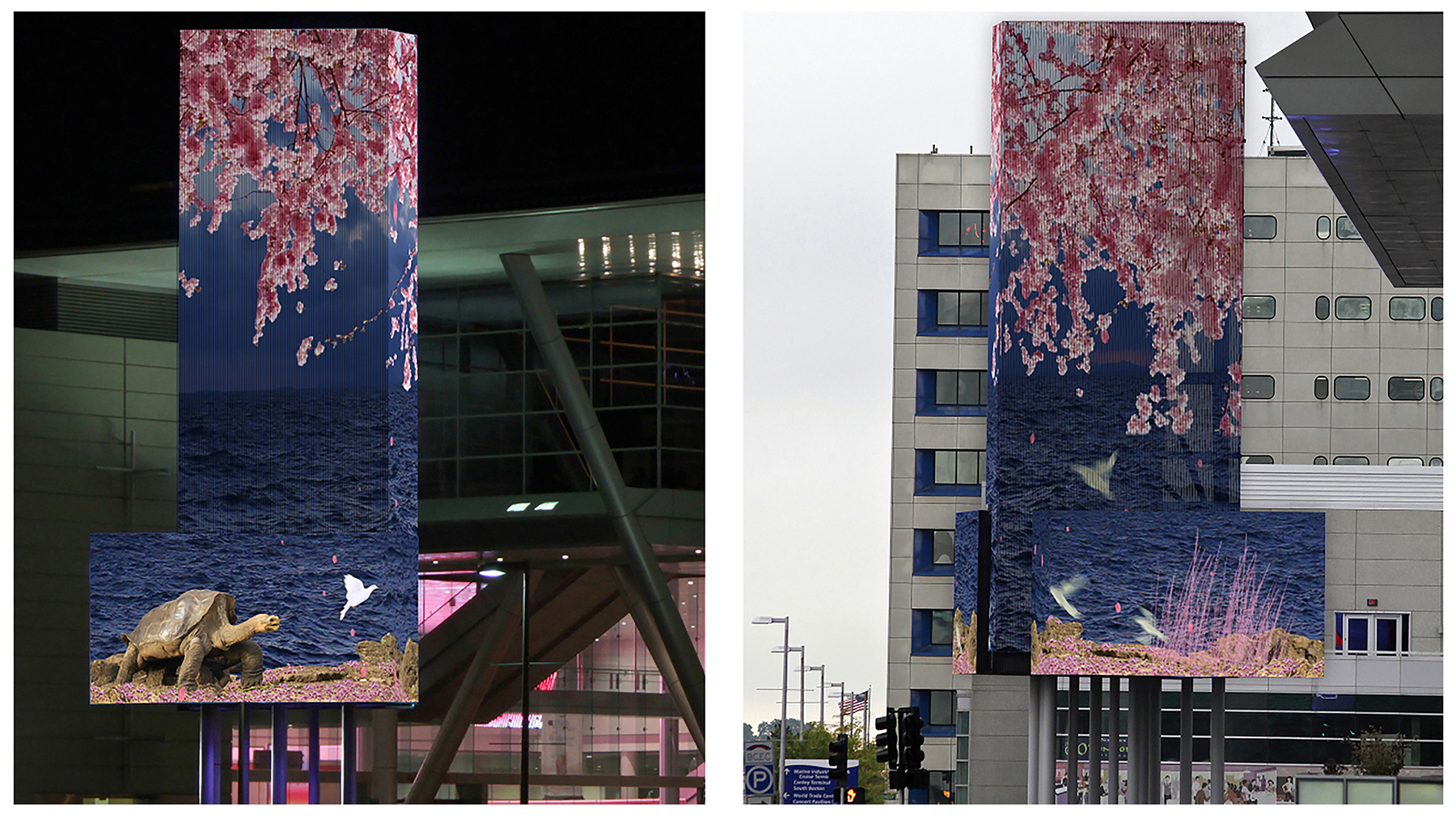 A Poem for Lonesome George , seven screen video public art video installation, 80' x 24'