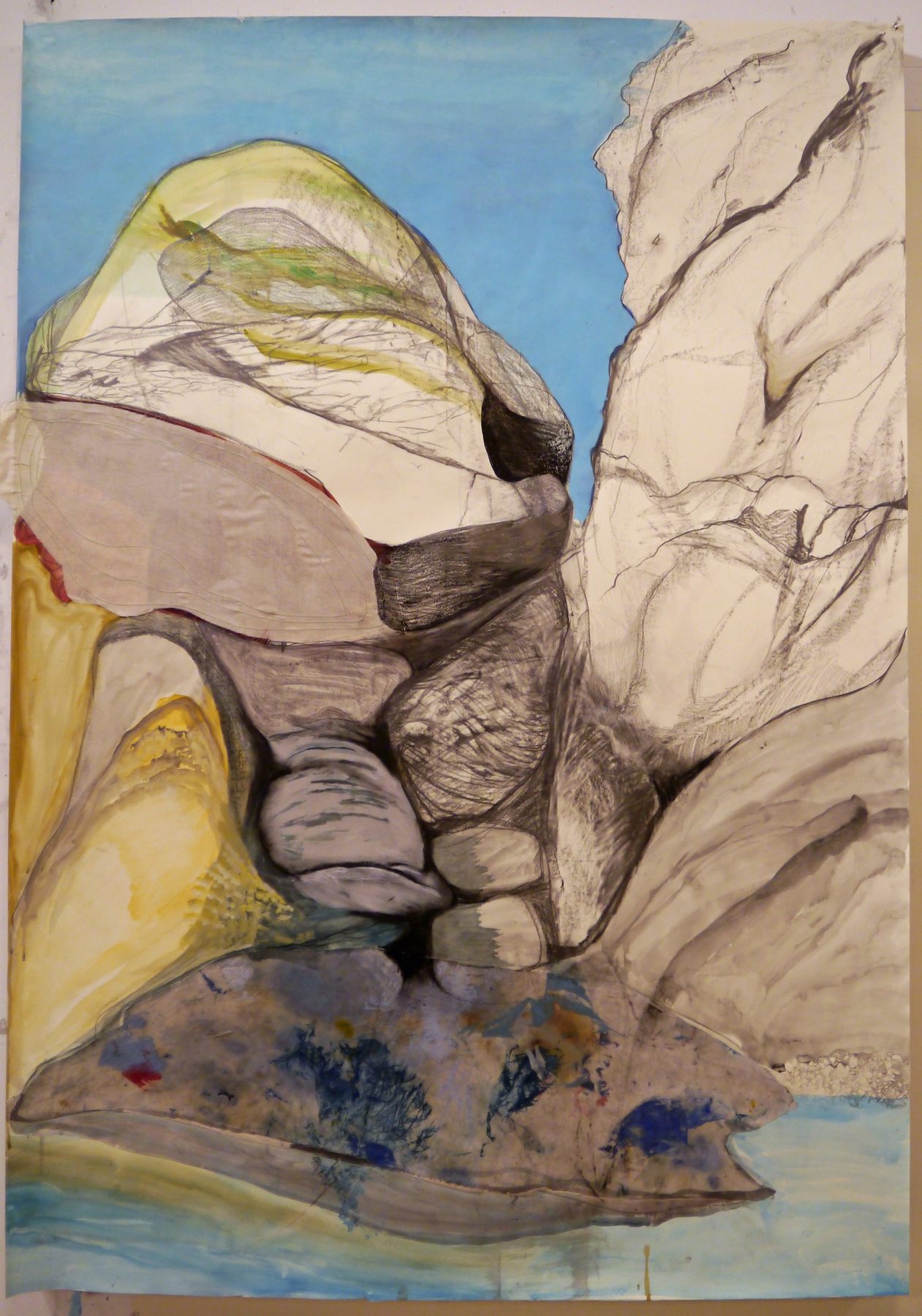 Rock Dreaming of Rocks , acrylic, graphite and stitched fabric on paper, 60" x 42"