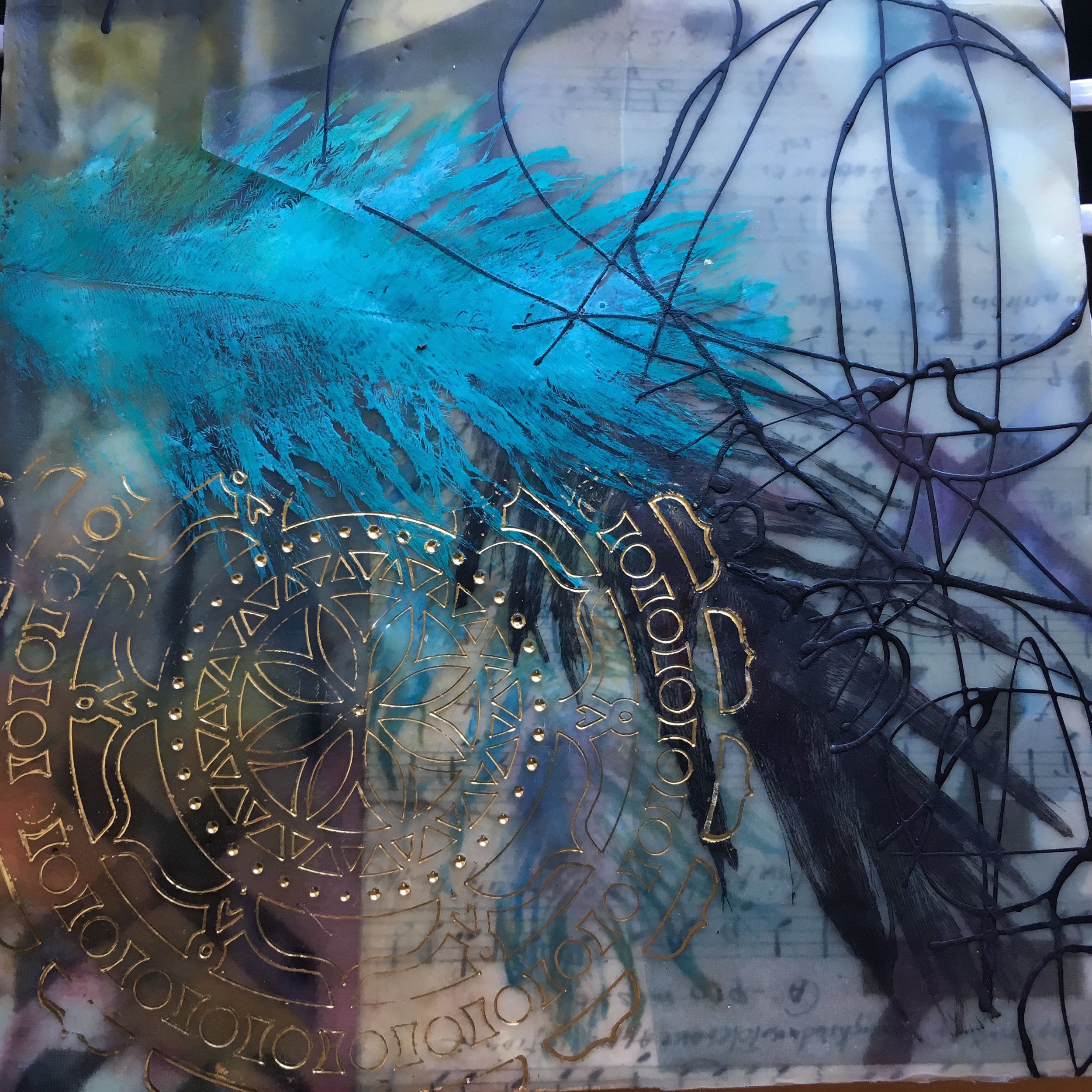 Feathered , encaustic painting, 10" x 8"