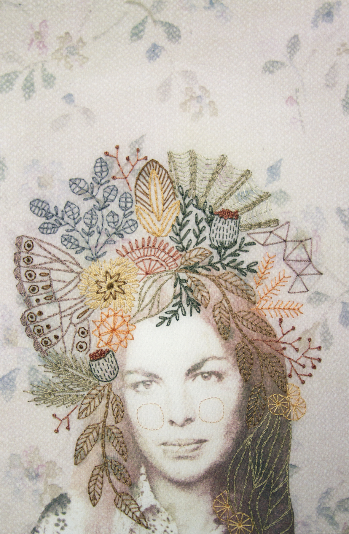   Audra , fabric, inkjet dye‑based ink, embroidery floss, 13" x 9" x 1.5" 