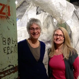 Denise Driscoll and Carrie Childs-Antonini in front of "Armature," which they created with Sara Fine-Wilson at Fountain Street Fine Art in Framingham, MA