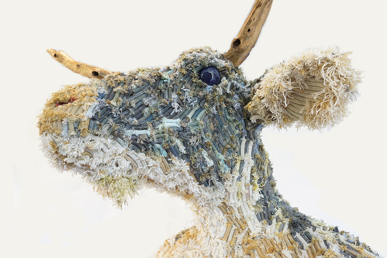 Artemis , dyed longline fishing gear and mixed media, 55" x 4" x 20"