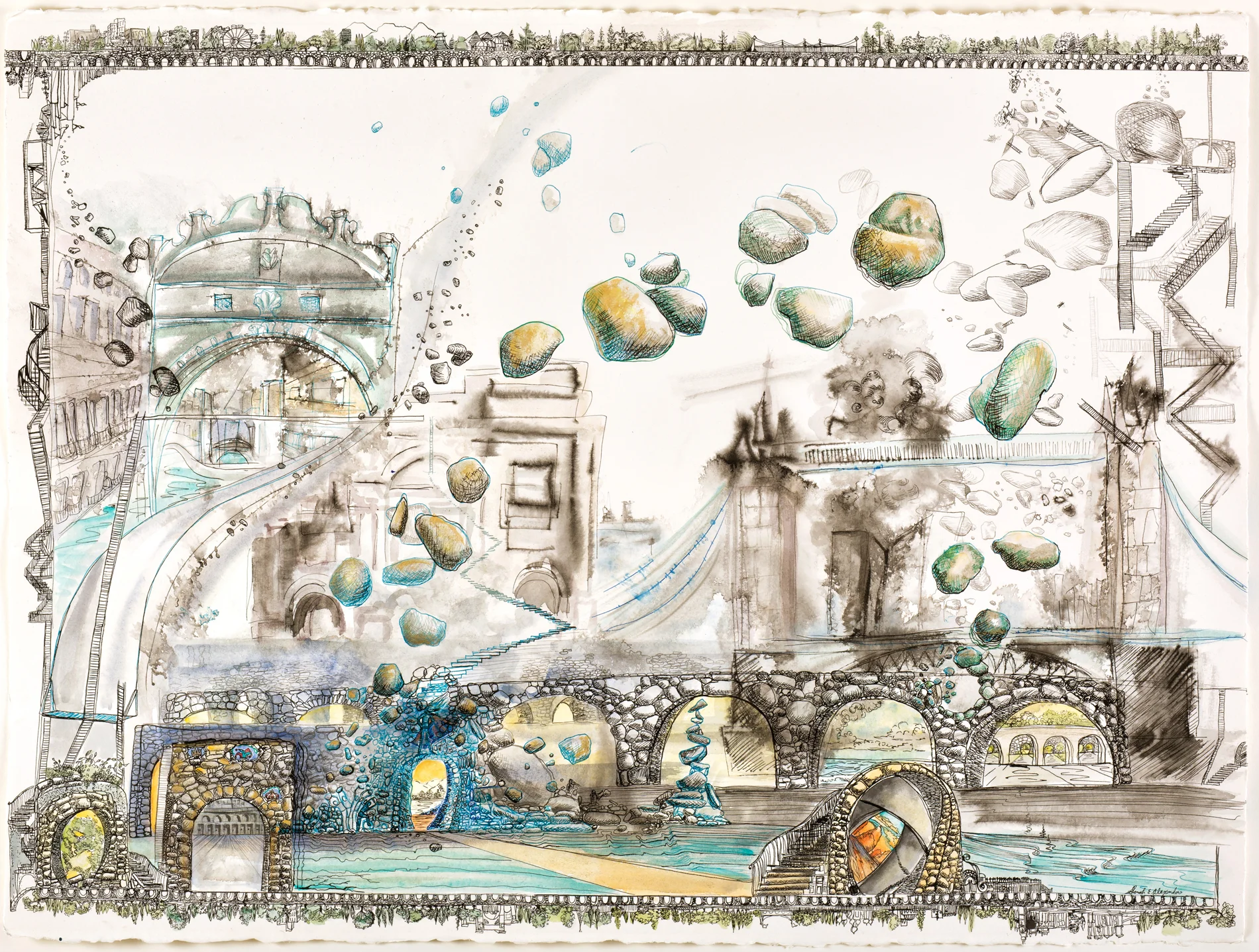Sarah Alexander, Pandemonium , pen, ink and watercolor on paper, 22" x 30"