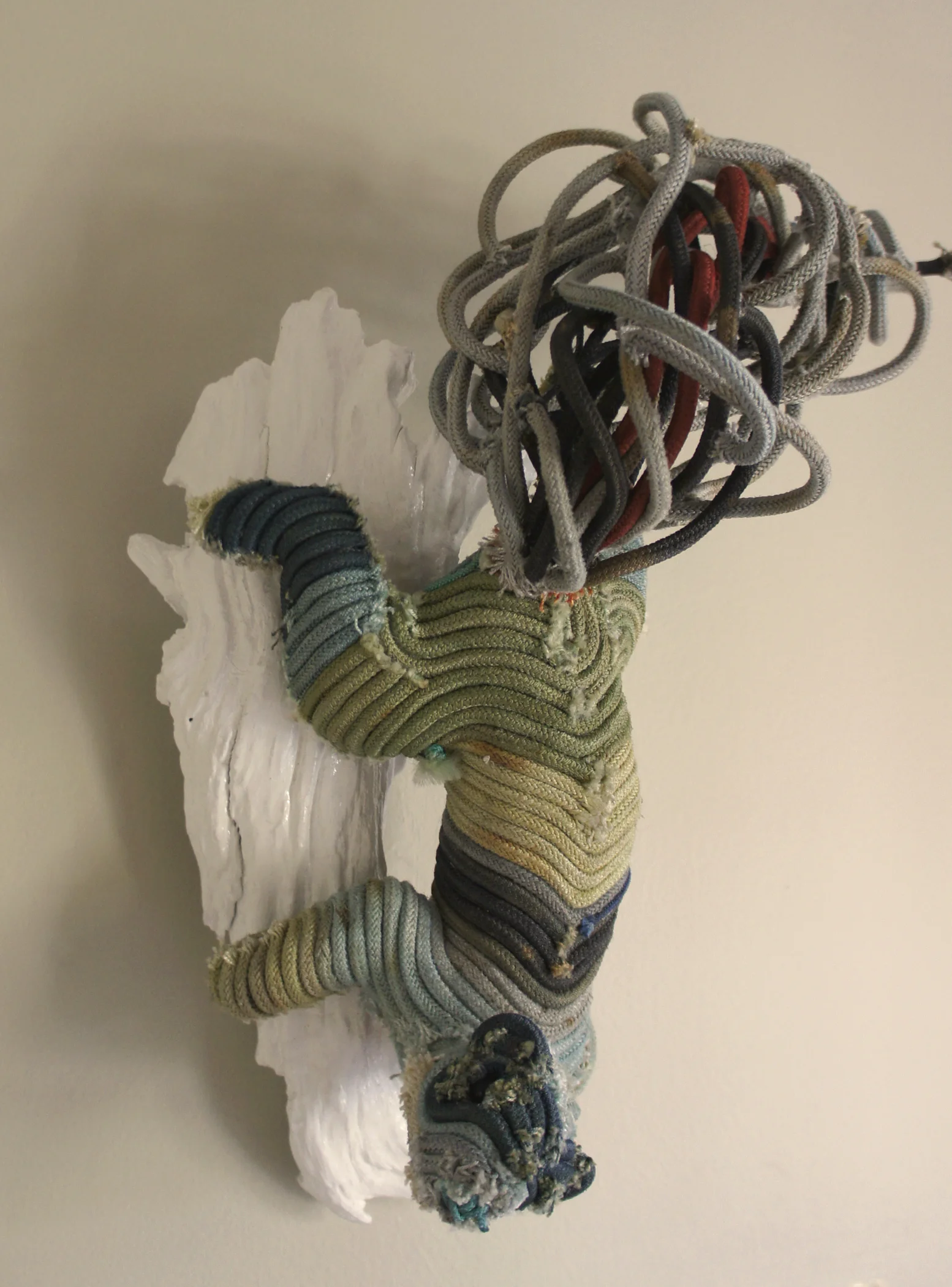 Gin Stone, Sea Squirrel , dyed reclaimed longline fishing gear, enamel and plastic, 18" x 8" x 6"