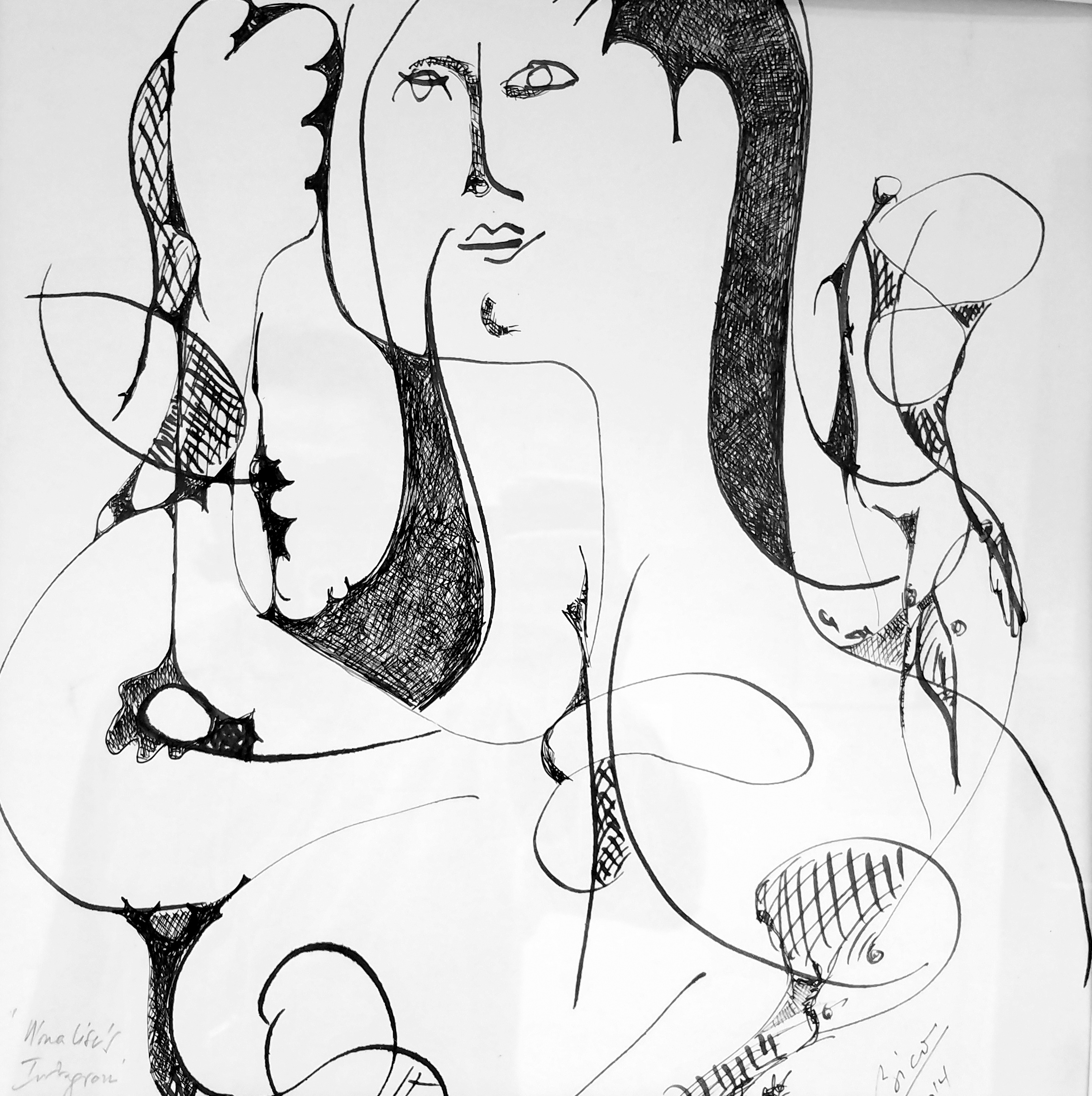 Mona Lisa's Instagram , ink on paper, 17" x 17"