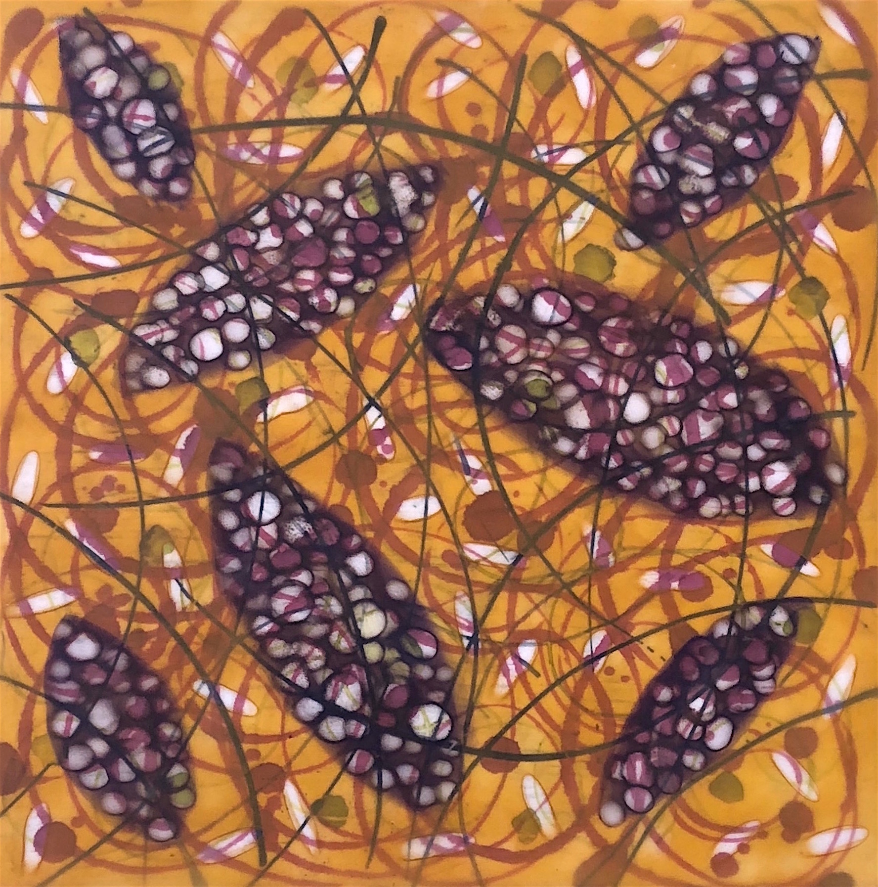 Entanglements 24 , encaustic, alcohol ink and pastel, 16" x 16"