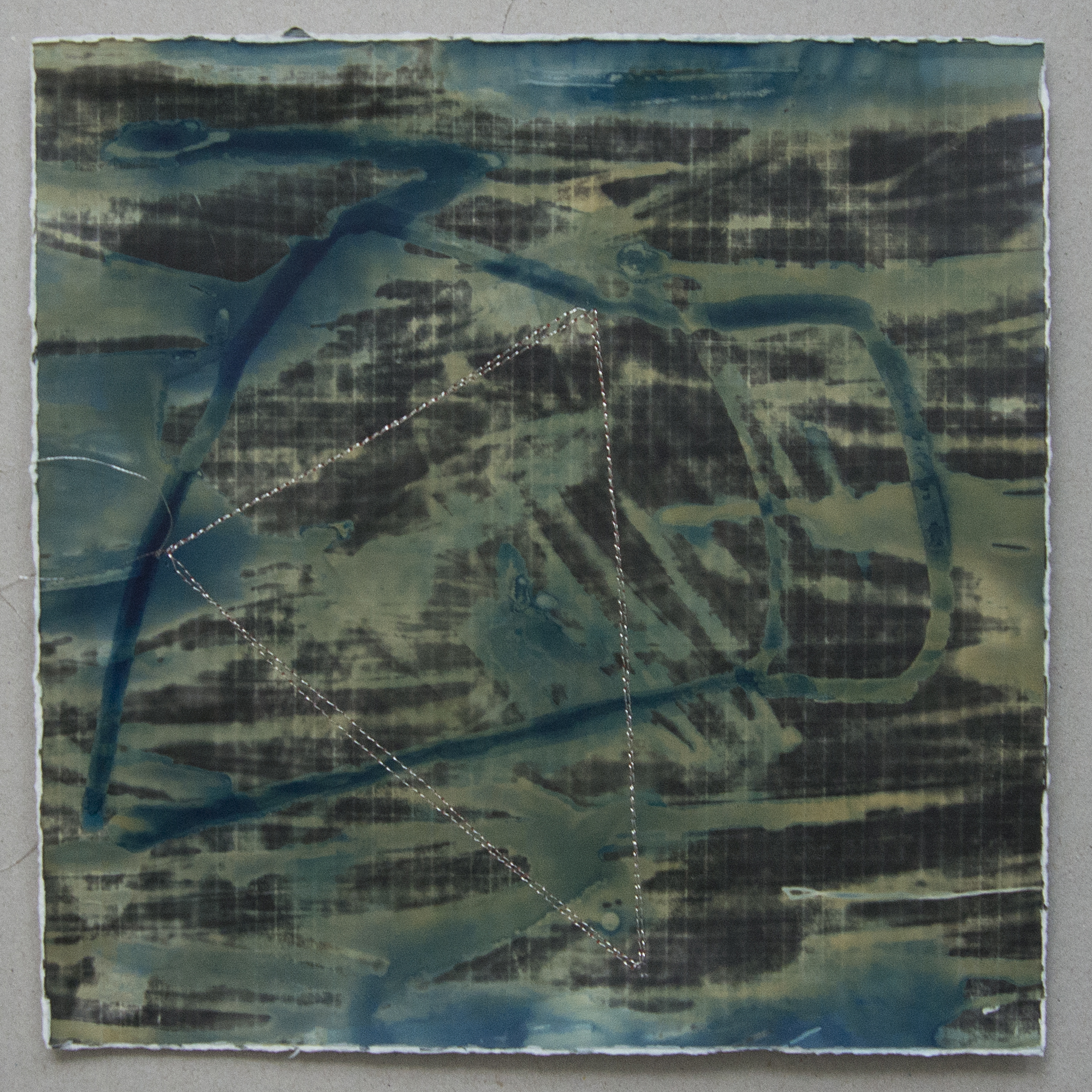   Memory Fragments 3 , an element in the Memory Fragments installation. Cyanotype on silver gelatin with stitched lines. 