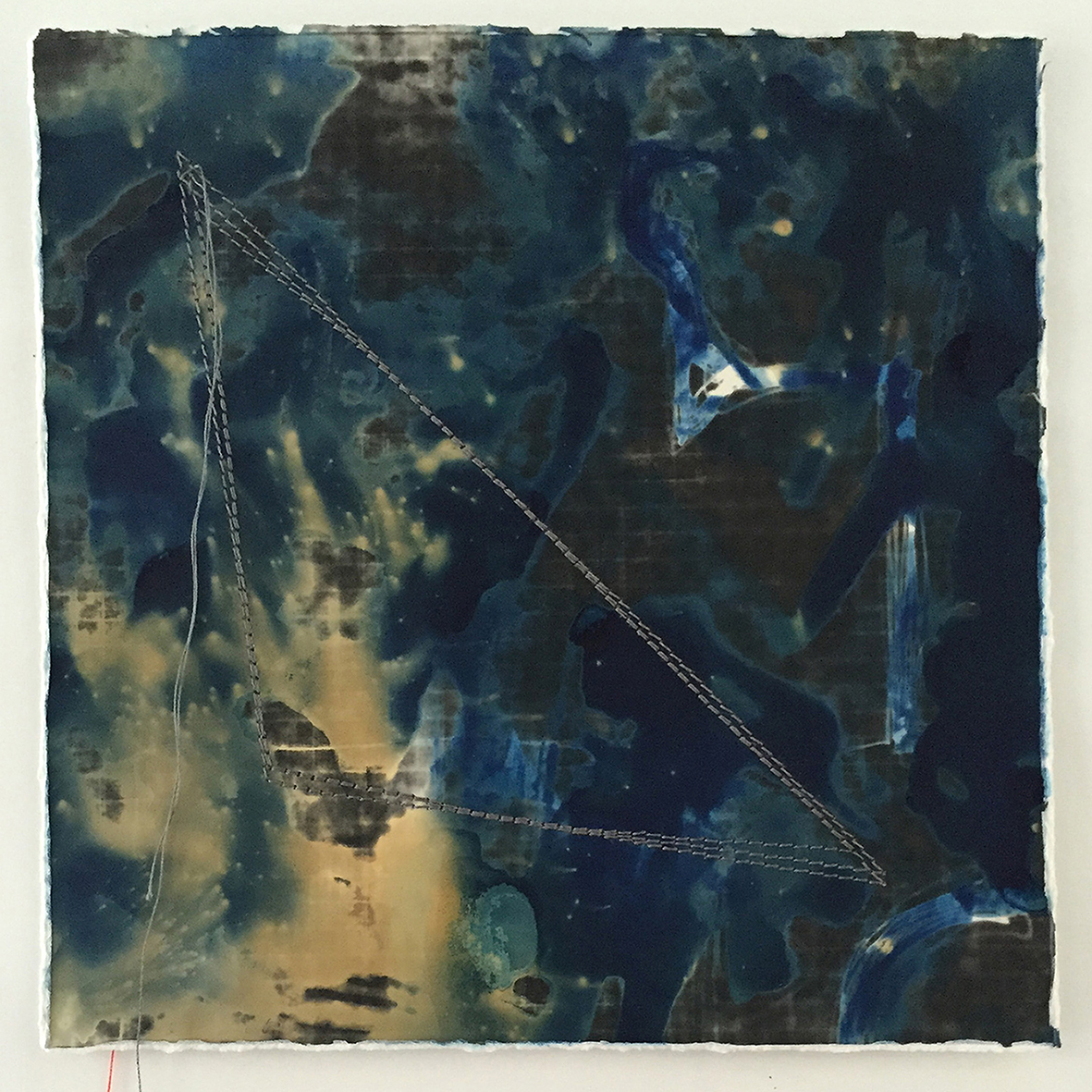   Memory Fragments 35 , an element in the Memory Fragments installation. Cyanotype on silver gelatin with stitched lines. 