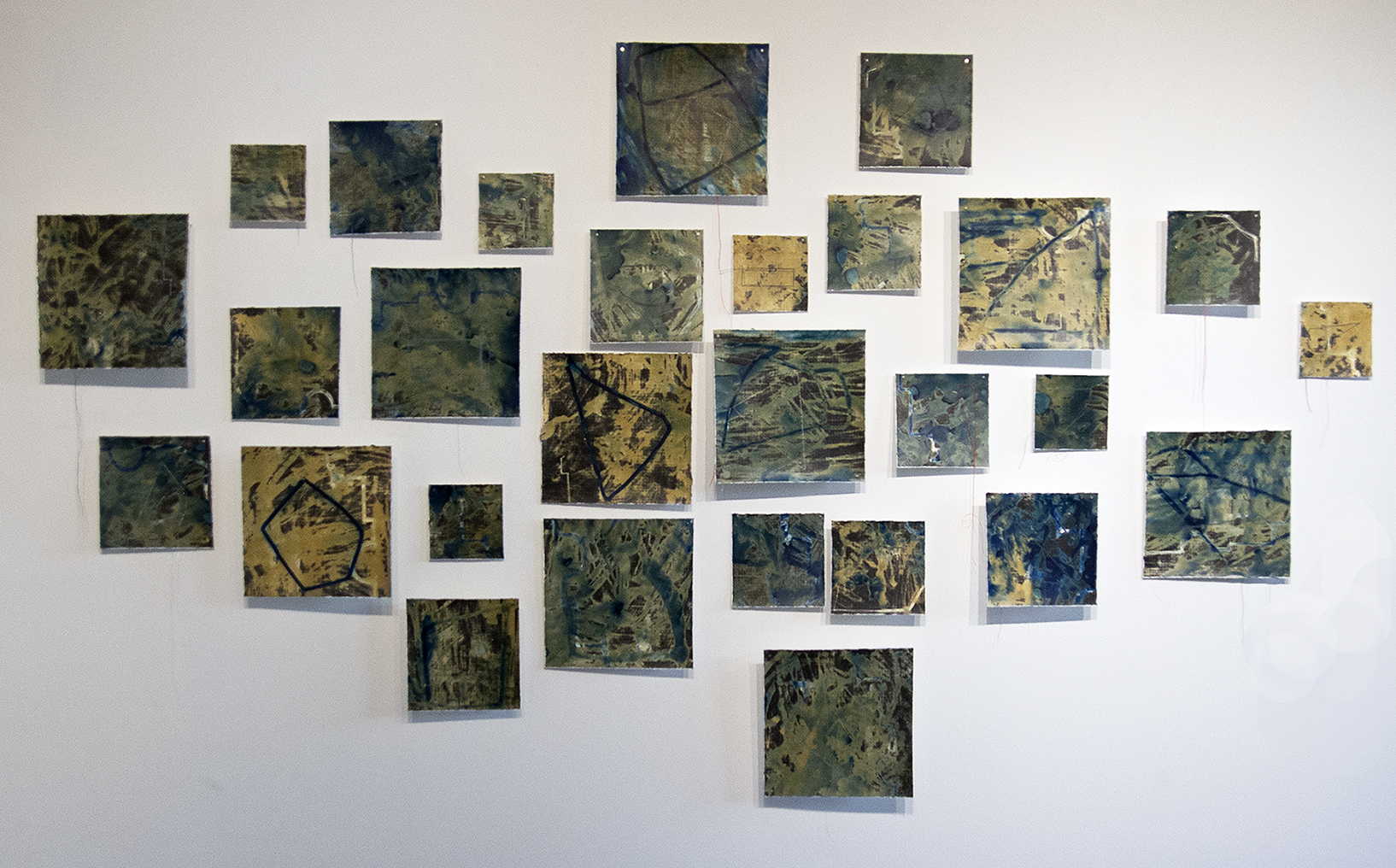  Memory Fragments Installation, cyanotype on silver gelatin with stitched lines.  