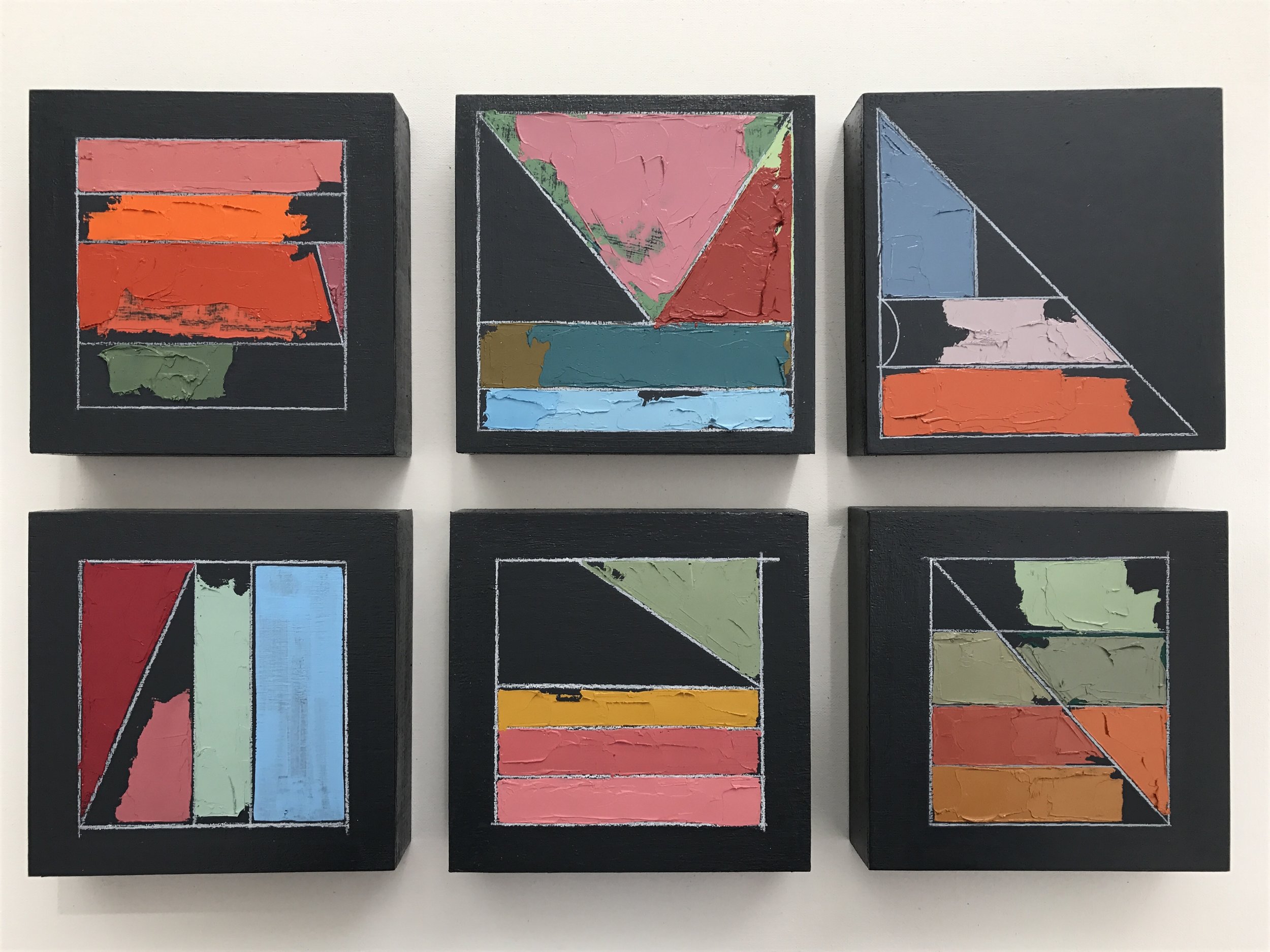  Mia Cross,  Color Studies 1–6,  Acrylic, oil, colored pencil on canvas, 6”x6” each 