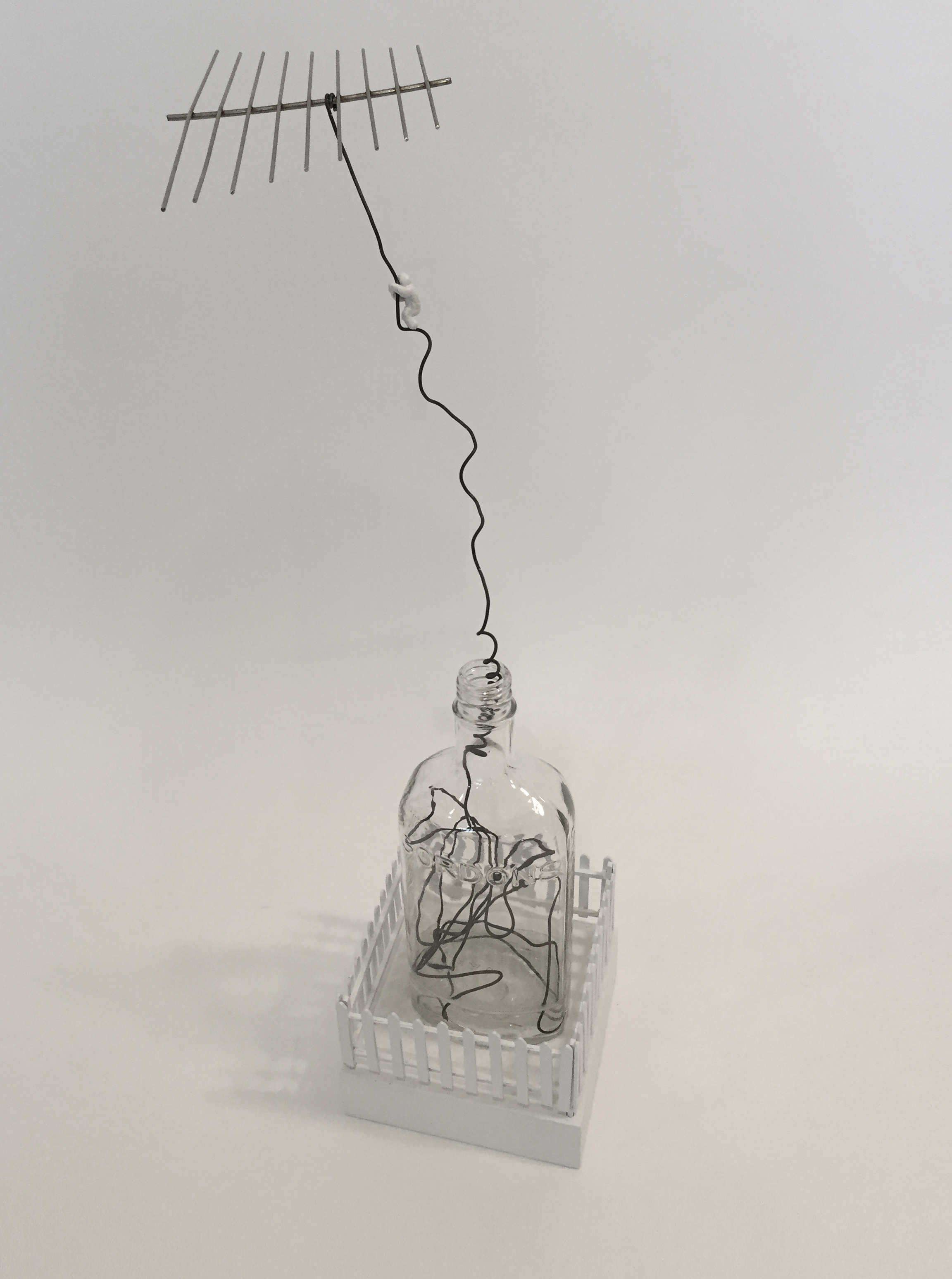  Doug Cross,  Escape , Glass bottle, wire and wood, 21”x6” 