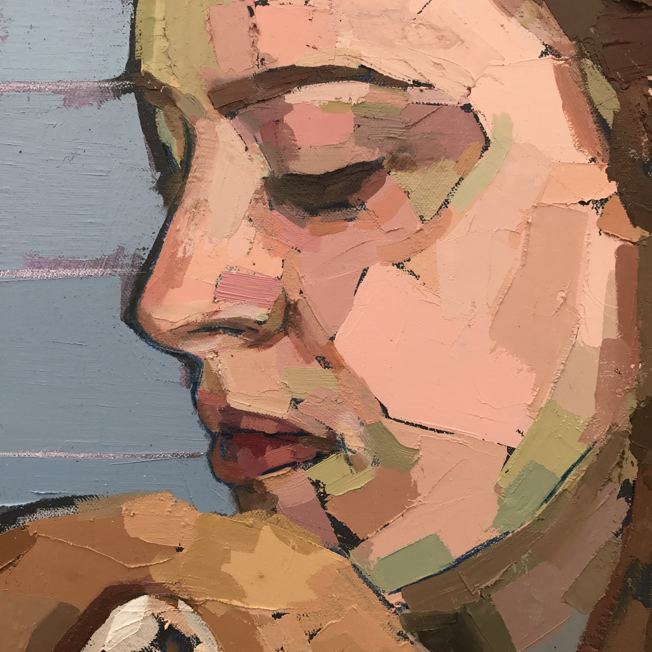  Mia Cross,  Homebody , detail, House paint, oil, colored pencil on canvas, 4’x6.5’ 