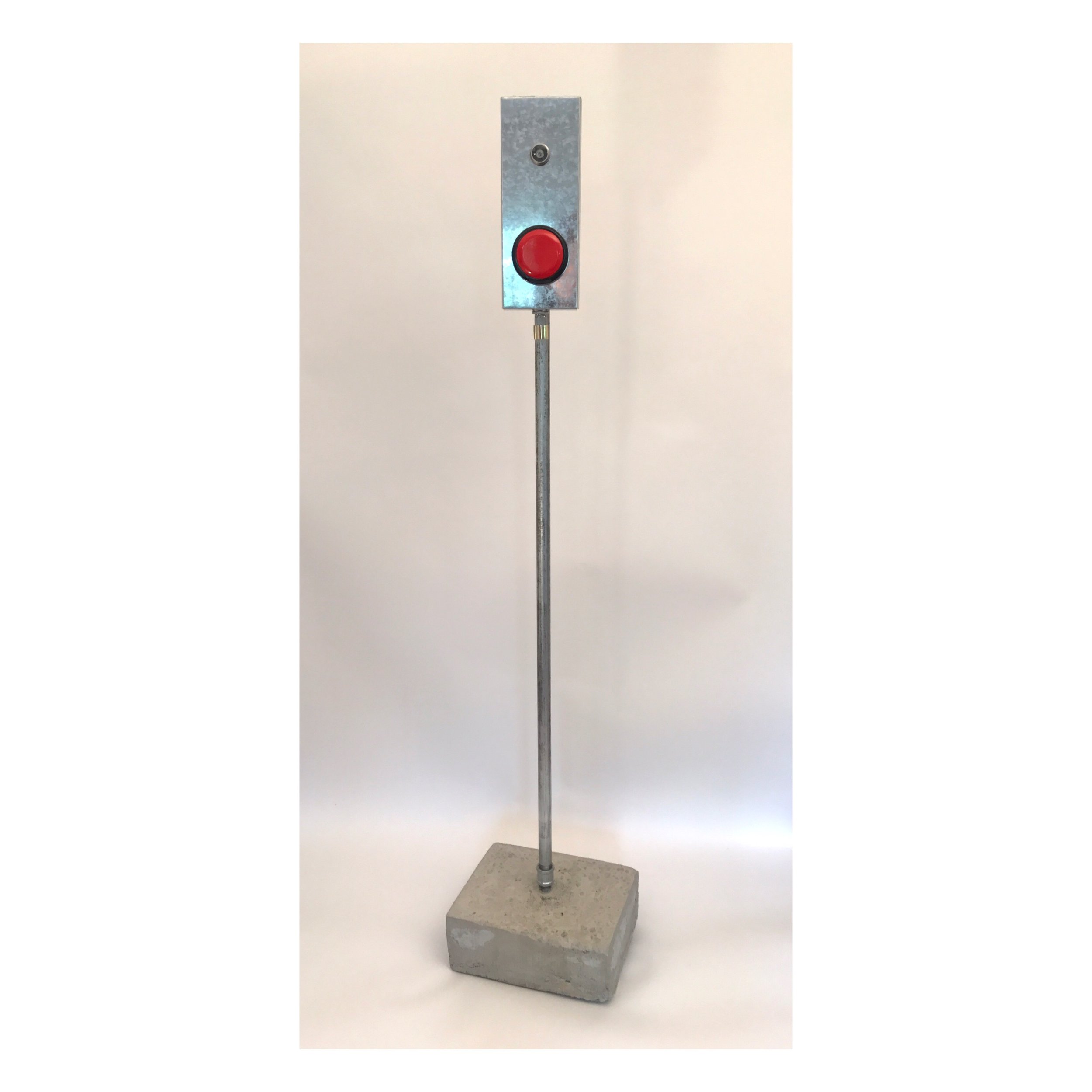  Doug Cross,  Push , Metal box with push button, mounted on pole, 6’x6” 