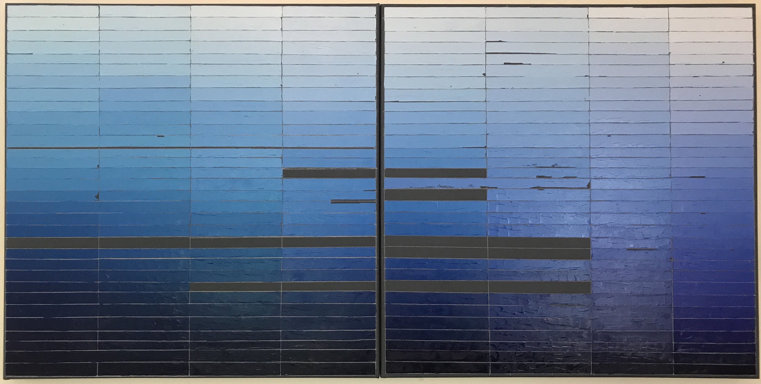  Mia Cross,  The Color Blues I Would Miss Most if I Went Blind, Part 2 , House paint, oil, colored pencil on canvas, 3’x6’ 