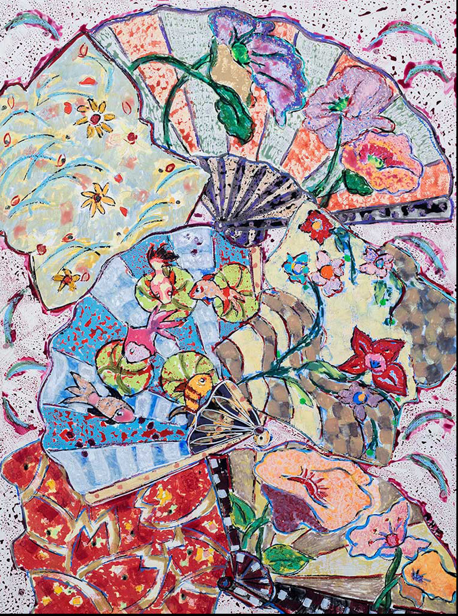  Nan Hass Feldman,  Fantasia with Fish and Fans , Mixed-media, 24x18 