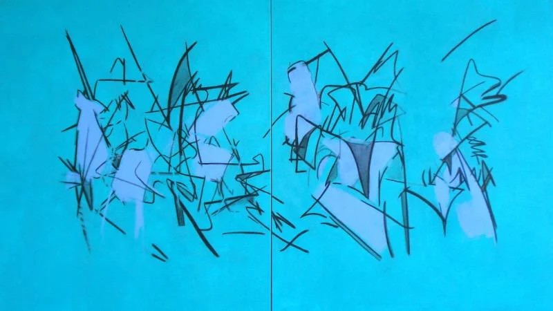 Pat Paxson, Singing In The Undergrowth - AZ , 2009, acrylic on canvas, 48 x 84 (diptych) Singing In The Undergrowth - AZ: A collection of figures connected within a maze of lines–the blue color sings out, the figures are intertwined, loosely evoked and enclosed within the 'song'.