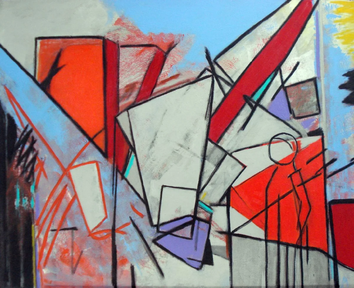 Pat Paxson, Windows on the World - MA , 2014, acrylic on canvas, 24 x 30, SOLD Windows on the World - MA: Here is a person surrounded by a welter of windows or buildings? - both transparent and opaque... a metaphor for choices, for new learnings and experiences, for multiple life happenings. Is the person at the mercy of these multiple happenings, a dreamer, without control... or an observer, or even a facilitator? 