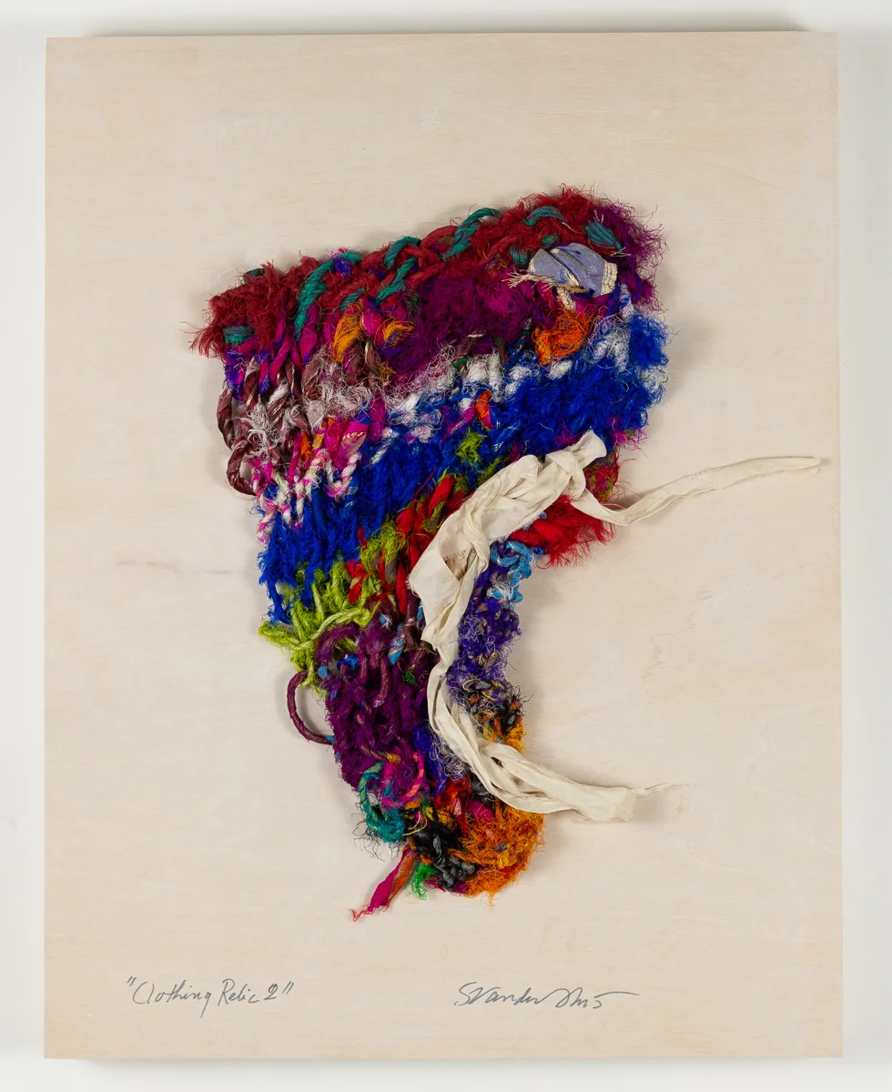 “Clothing Relic 2,” hand-knit work by Sylvia Vander Sluis in Cambridge Art Association’s 2018 RED exhibit