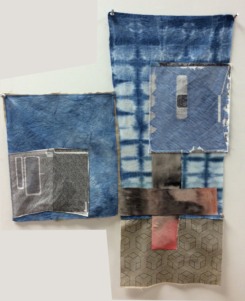  Kathline Carr,  House of Blue  shibori dye, scanned security envelopes printed on fabric, acrylic stitched on fabric, 28” x 22” 