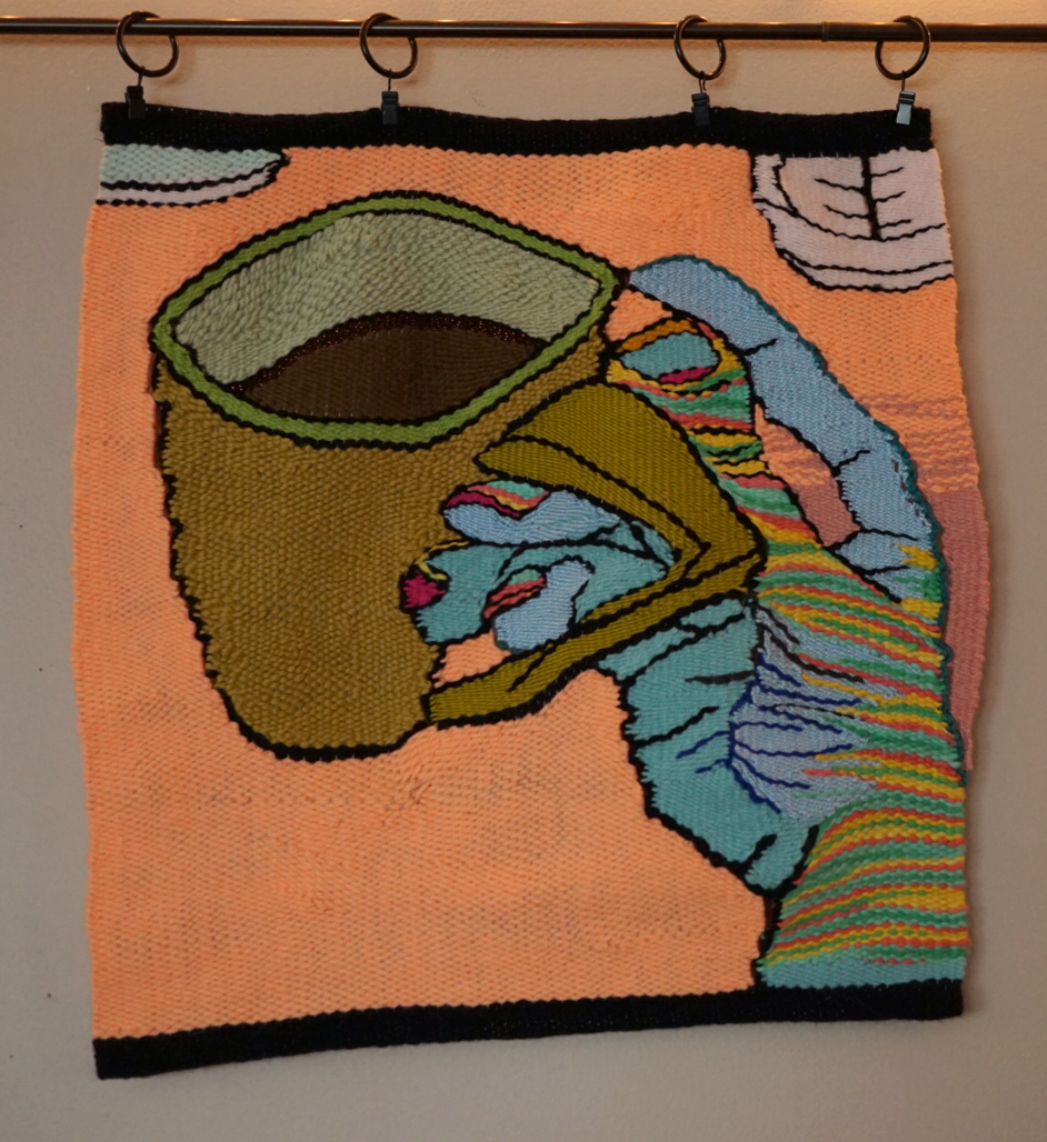 Sam Dienst, Coffee Thoughts , yarn tapestry, 20”x18”