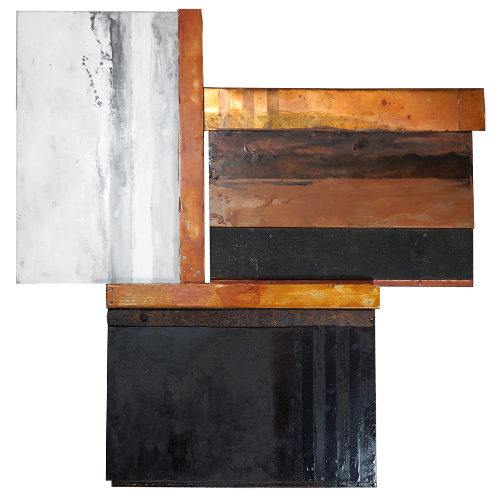  Sue Katz,  Threesome , encaustic, wood and metal, 37”x37” 