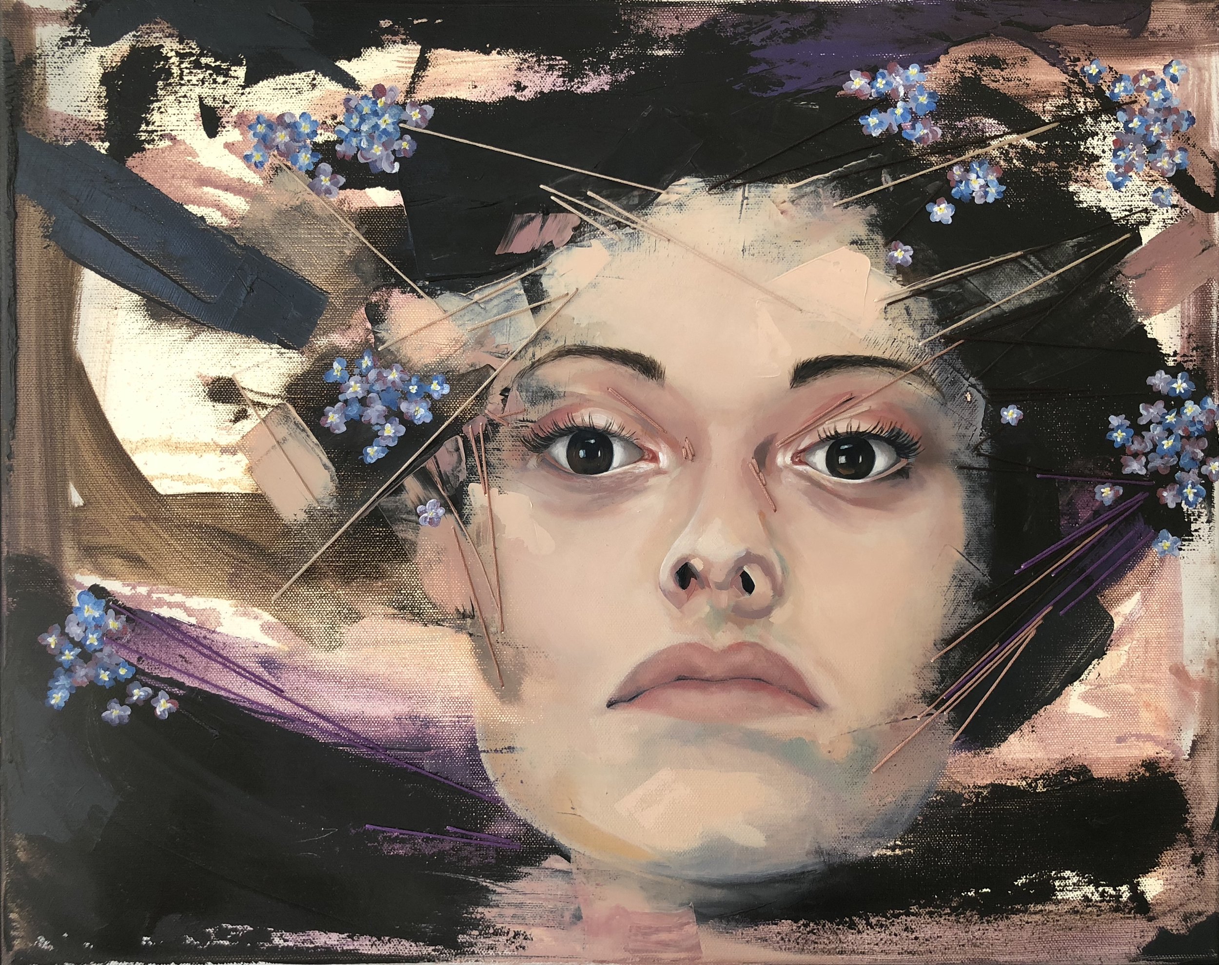 Allison Meriwether, Forget Me Not , oil and embroidery thread on canvas, 20”x16”