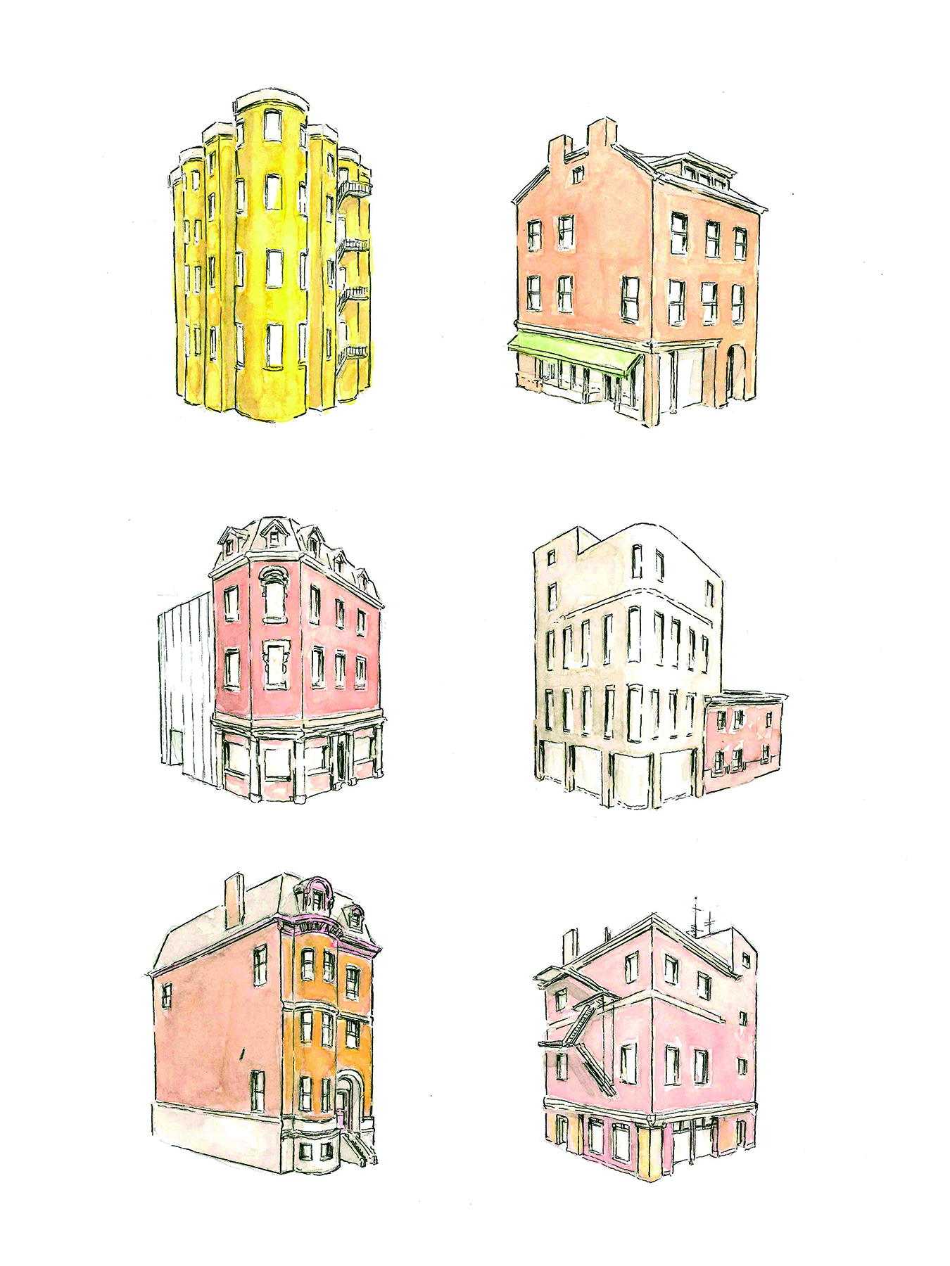 Corners, watercolor and ink on paper, 9 x 12 inches