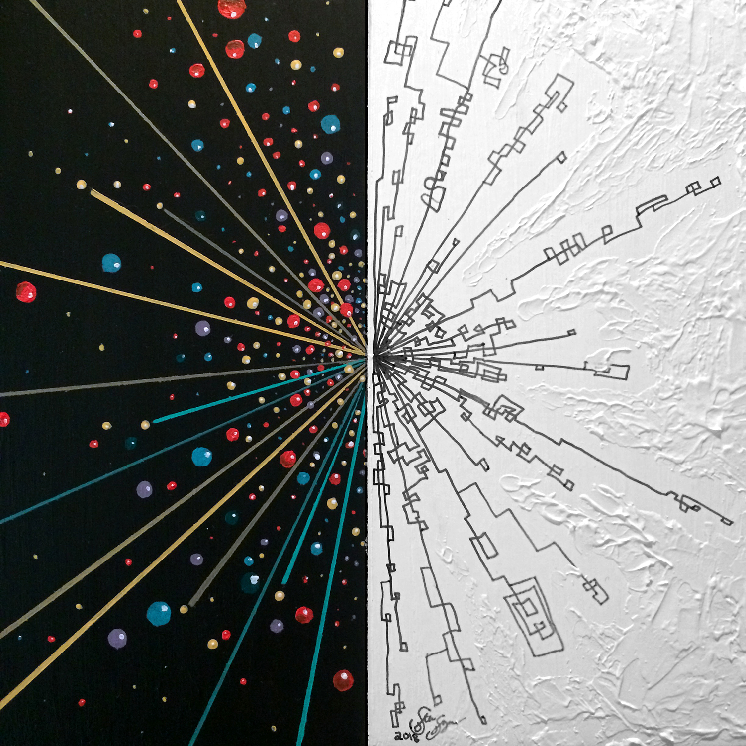 micro collapse , oil, acrylic and ink on wood panel, 6 x 16 x 1.5 inches