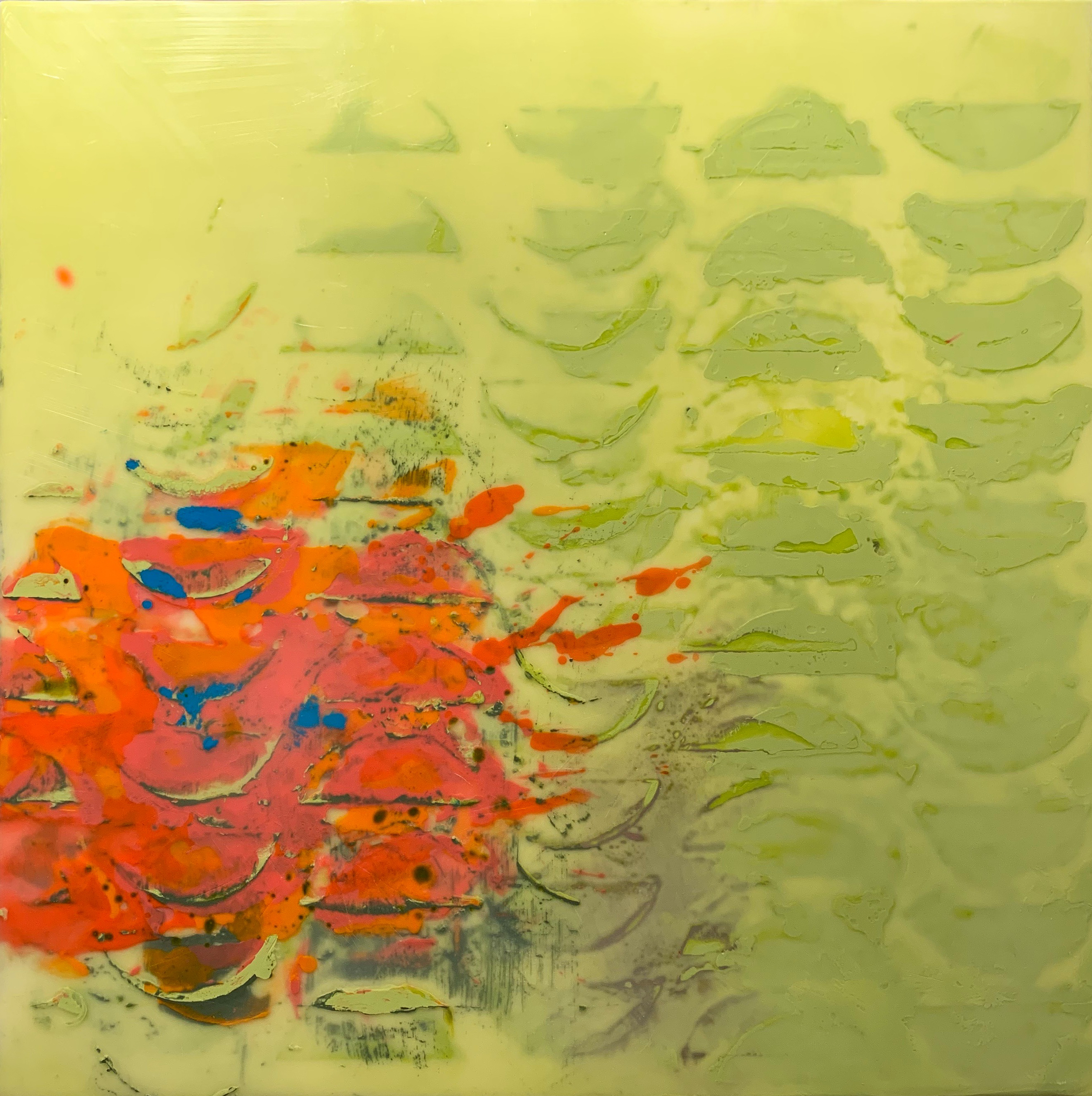 Melting, beeswax on panel, 16 x 16 inches
