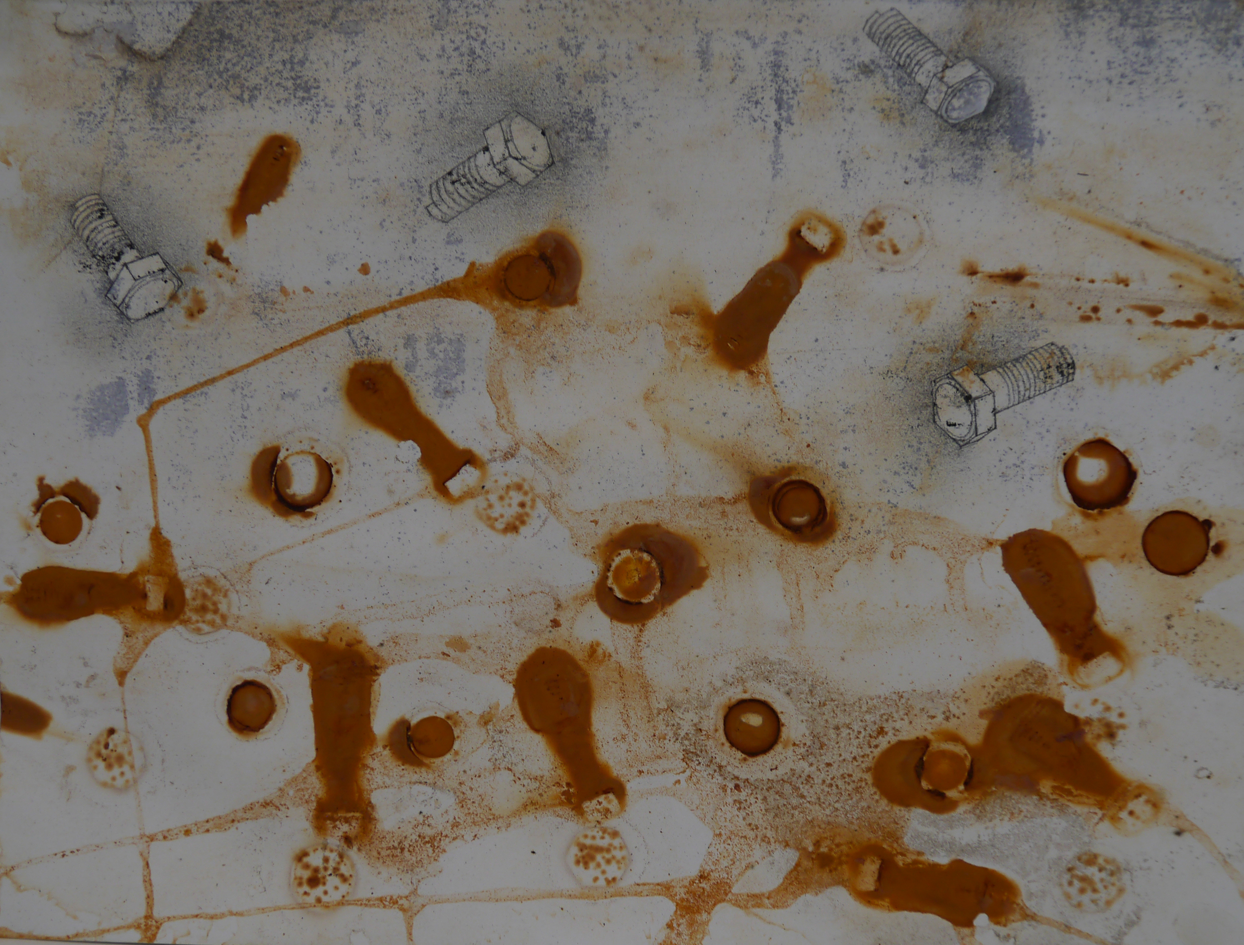   Bolt Print #1,  mixed media on paper with rust collected from plumbing equipment, 9 x 12 inches 