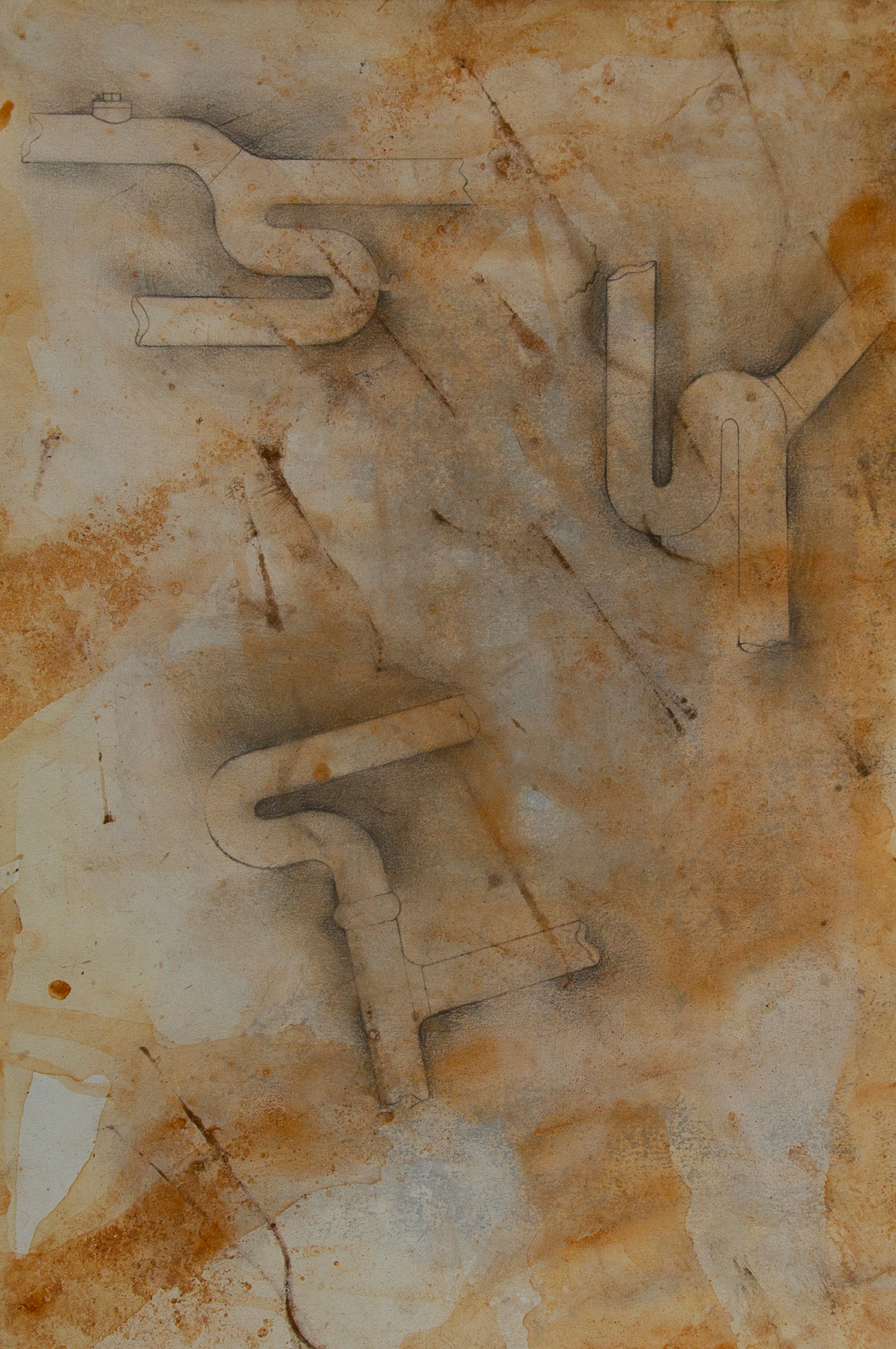   Pipe #1,  mixed media on paper with rust collected from plumbing equipment, 12 x 18 