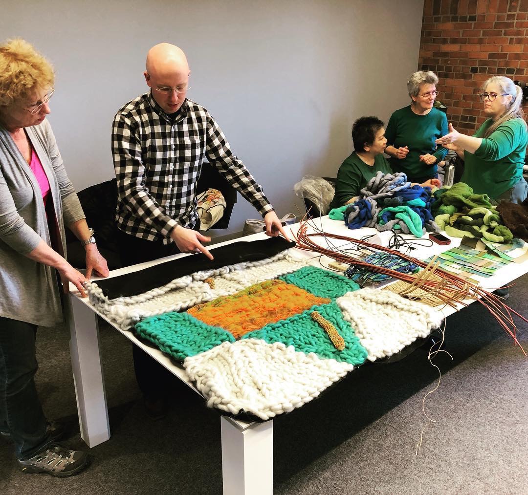  Work in Progress for “Please Touch the Art” exhibit, Sylvia Vander Sluis  (left)  and other Surface Design MA/RI chapter members 