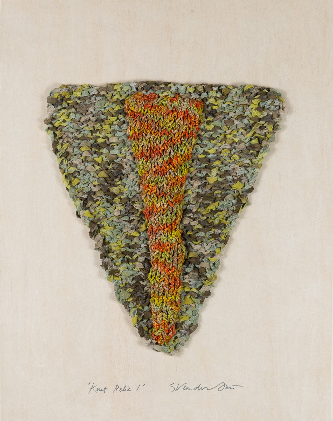 Sylvia Vander Sluis, Knit Relic 1 (Green/Orange) , Handknit cotton/polyester, ribbon yarn, 18x14x1.5