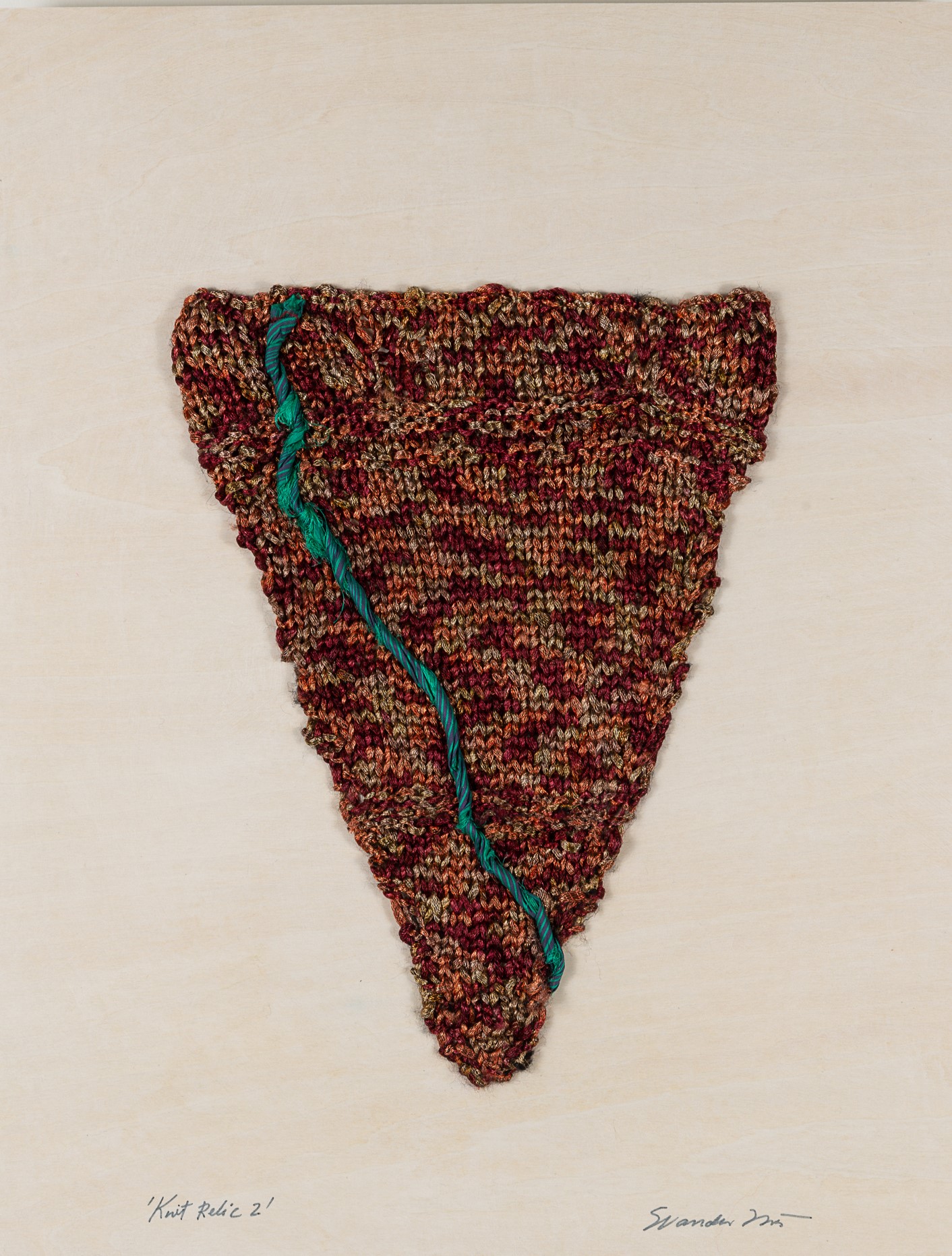  Sylvia Vander Sluis,  Knit Relic 2 (Burgundy/Turquoise) , Handknit yarn, sari ribbon, 18x14x1.5 
