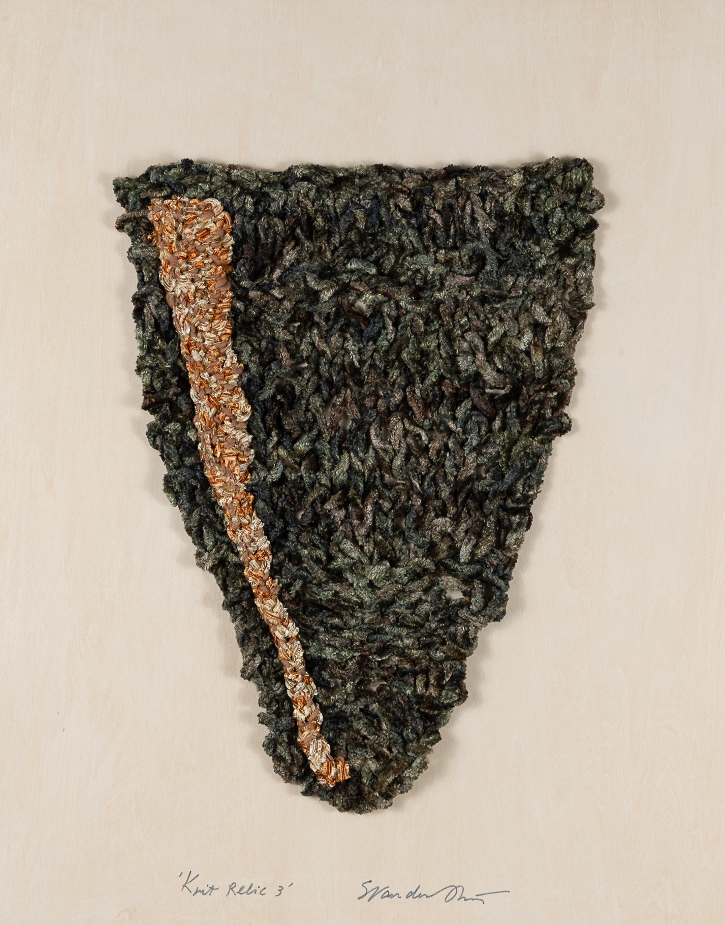 Sylvia Vander Sluis, Knit Relic 3 (Shale/Peach) , Handknit chenille, polyester, ribbon, 20x16x1.5